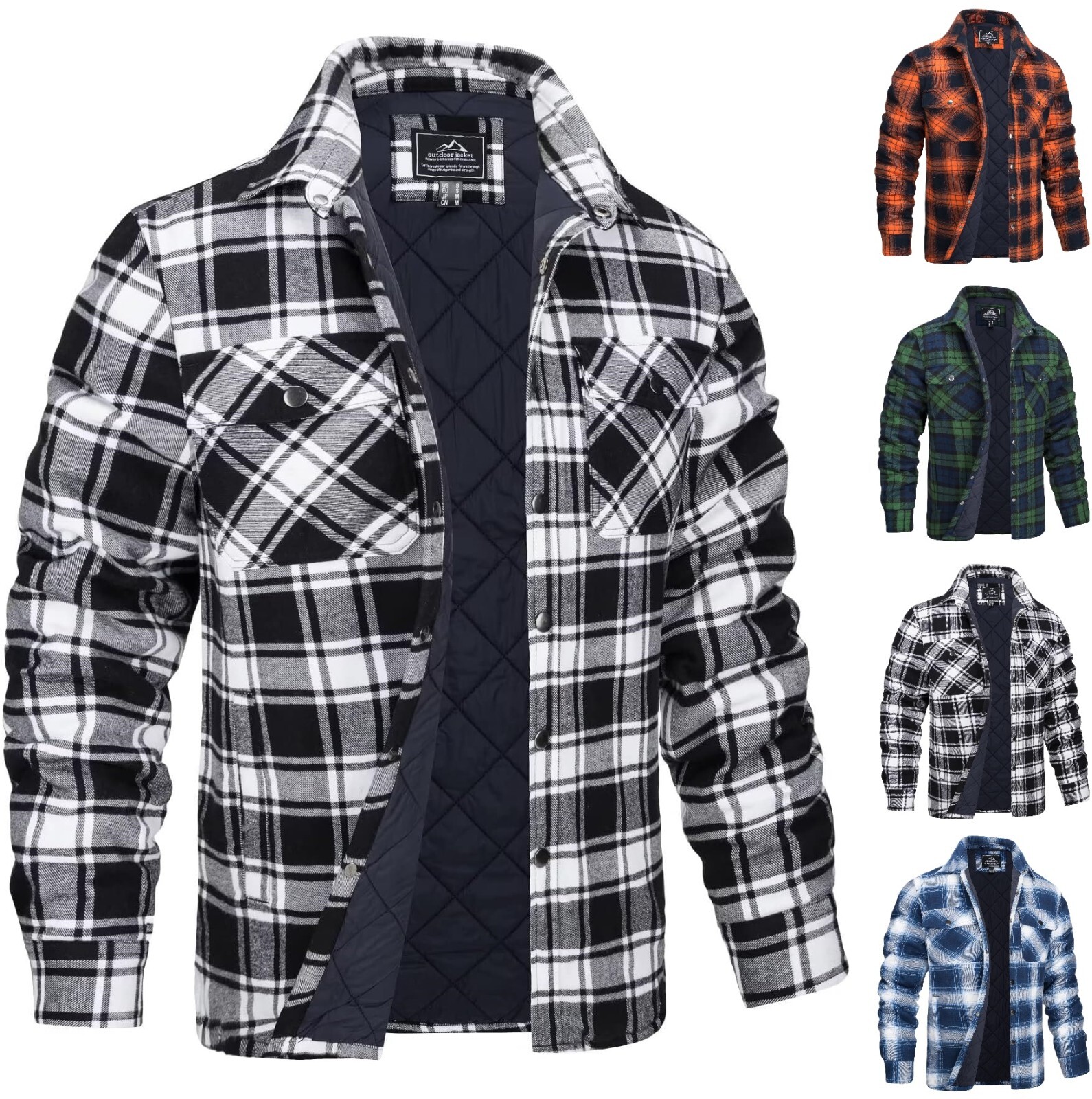 Mens Lumberjack Flannel Fleece Shirt Check Plaid Work Coat Jacket Quilted Padded