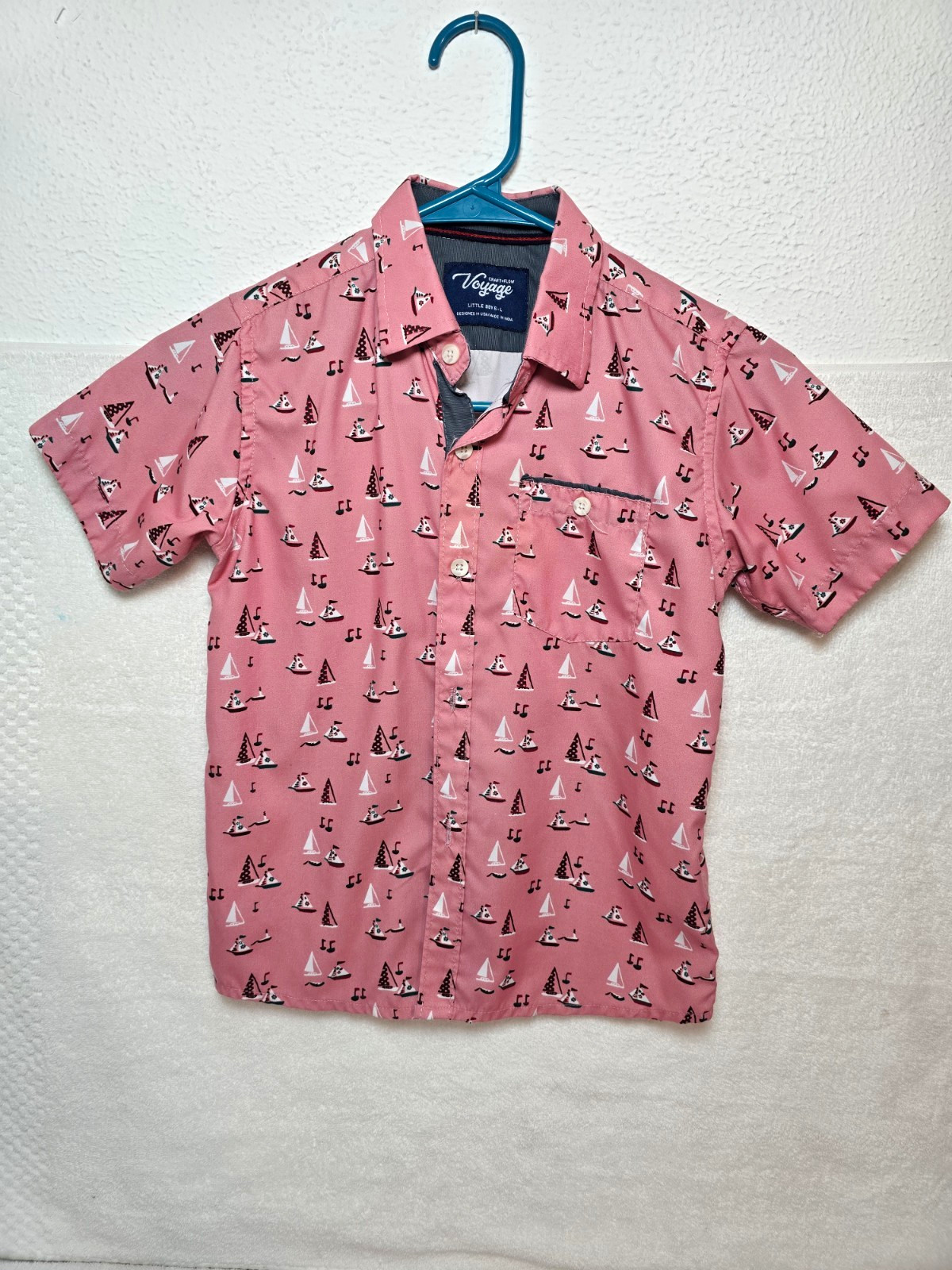 Voyage Teens 6-7 Pink Graphic Print Short Sleeve Button-Up Point Collar Pockets