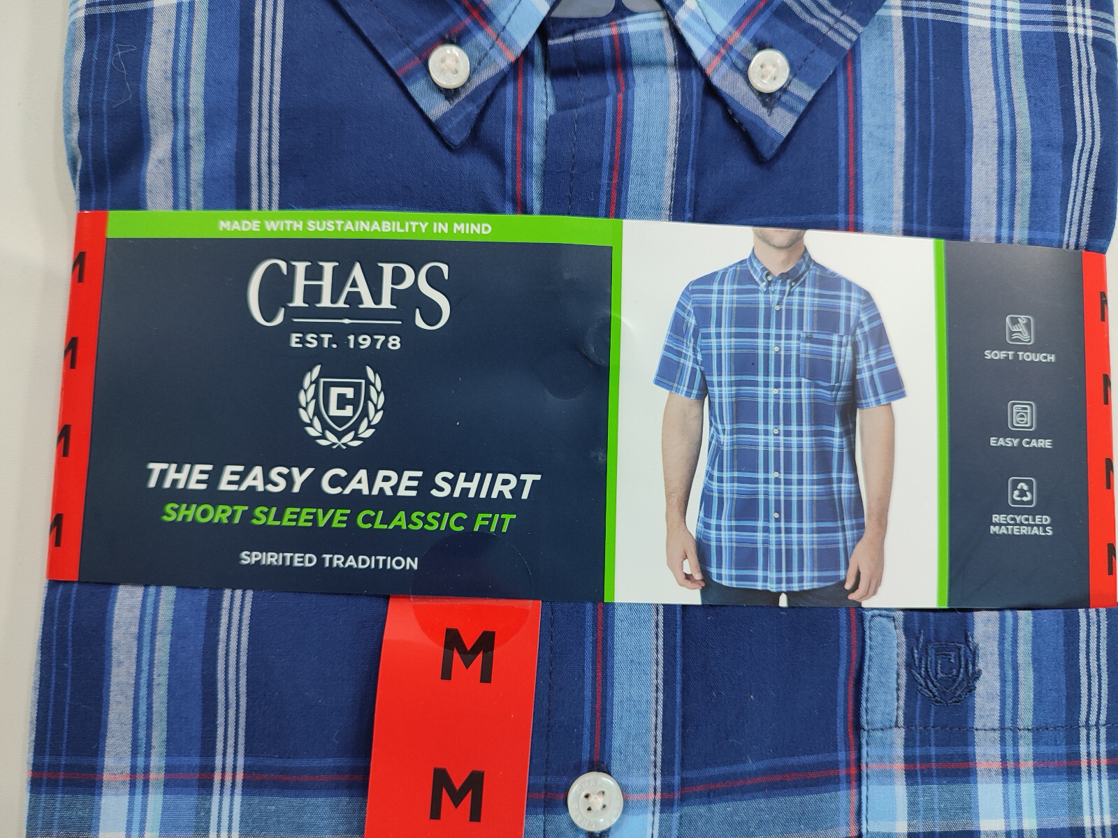 Men’s Chaps Short Sleeve Button Down Easy Care Shirt Blue Plaid Medium