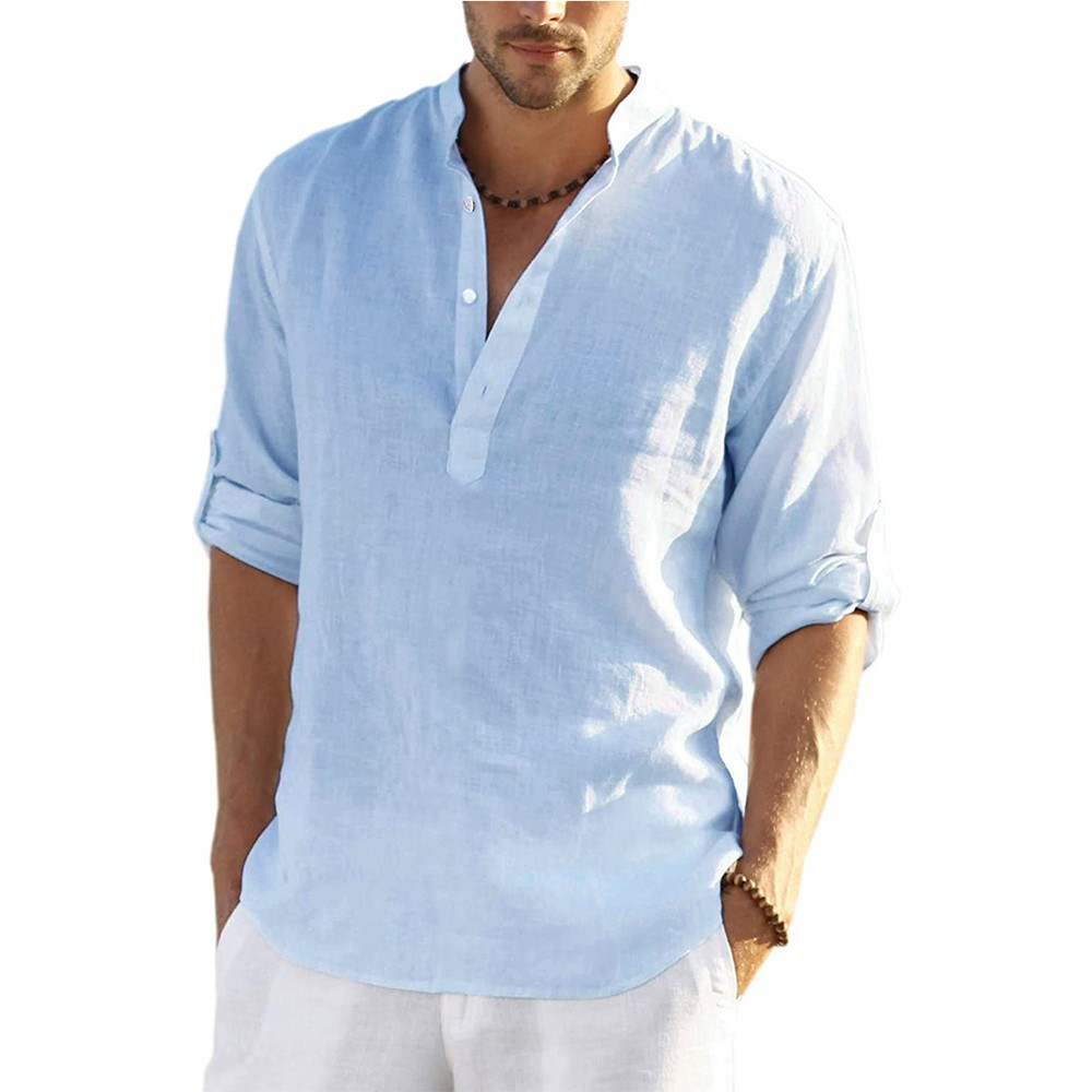 Men’s Cotton Linen Henley Long Sleeve Shirt Casual Beach T-shirt Tee Summer Gift