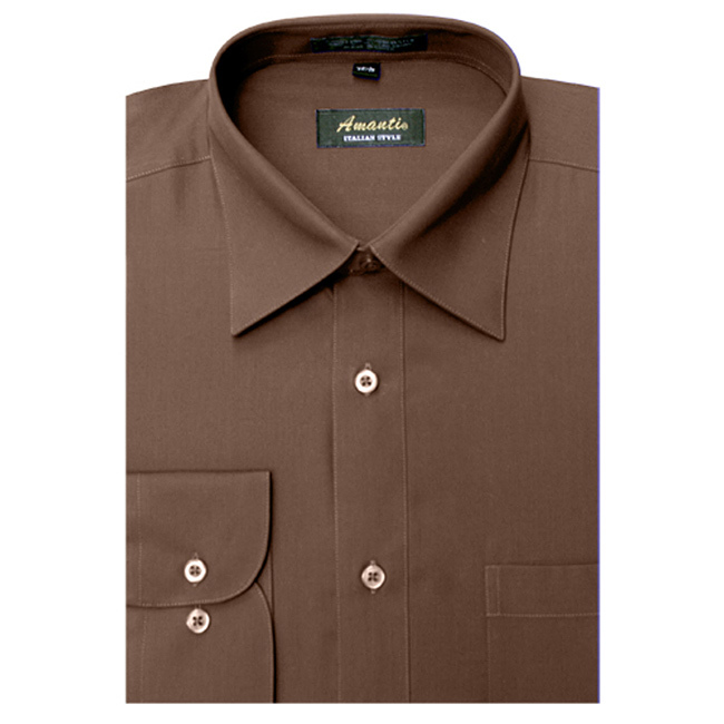 Mens Dress Shirt Plain Brown Modern Fit Wrinkle-Free Cotton Blend Amanti