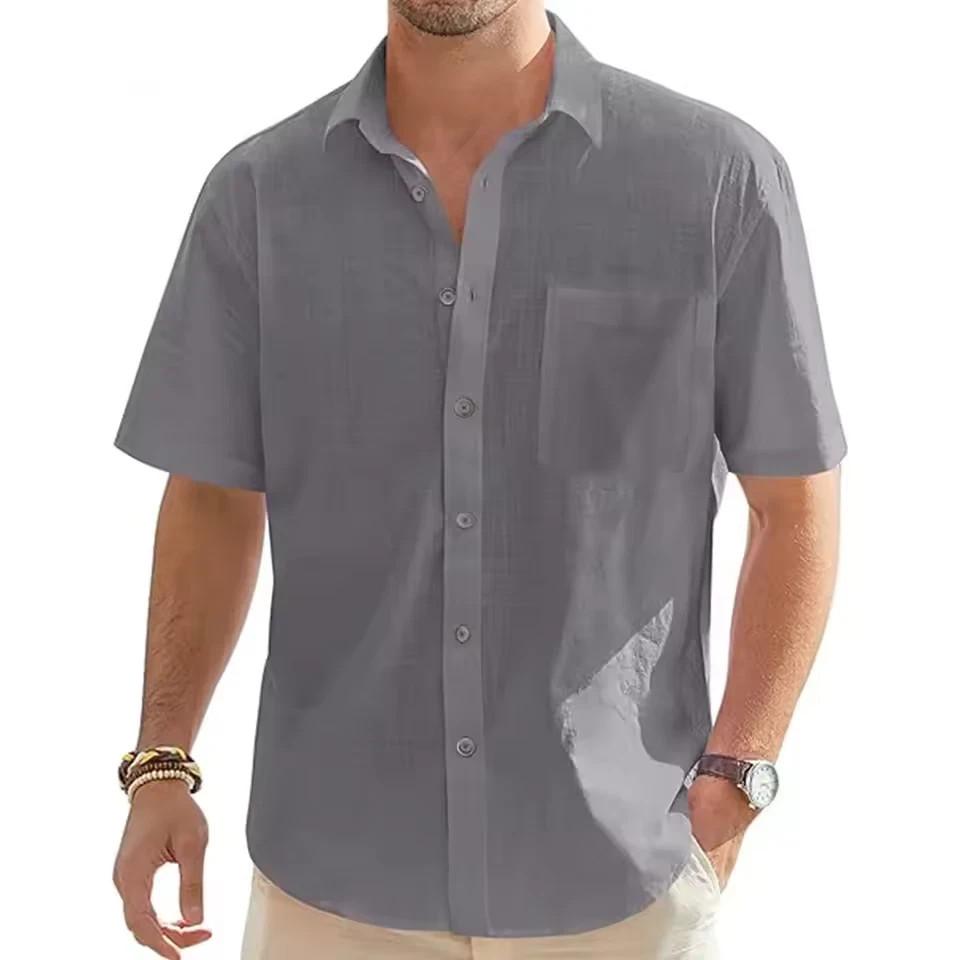 Men’s Cotton Linen Short Sleeve Button Down Shirt Breathable Casual Lightweight