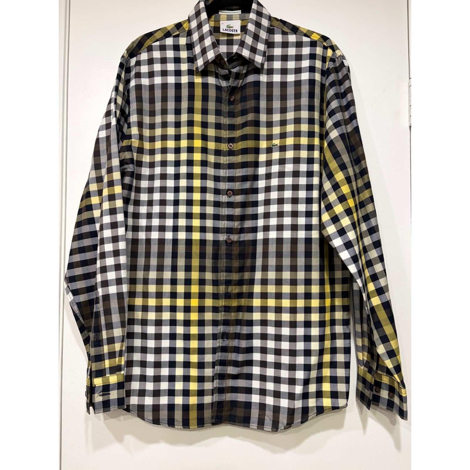Mens Button Down Shirt 41 Yellow Black Check Lacoste