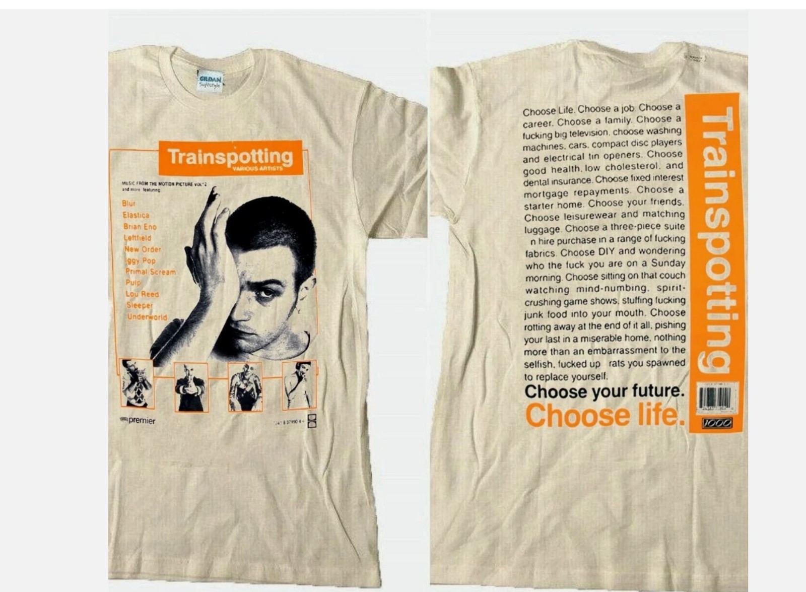 Vtg Trainspotting horror movie short sleeve sand color 2 side shirt