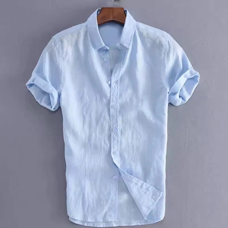 Men’s Summer Cotton Linen Short Sleeve Shirt Casual Solid Button-Down M-3XL