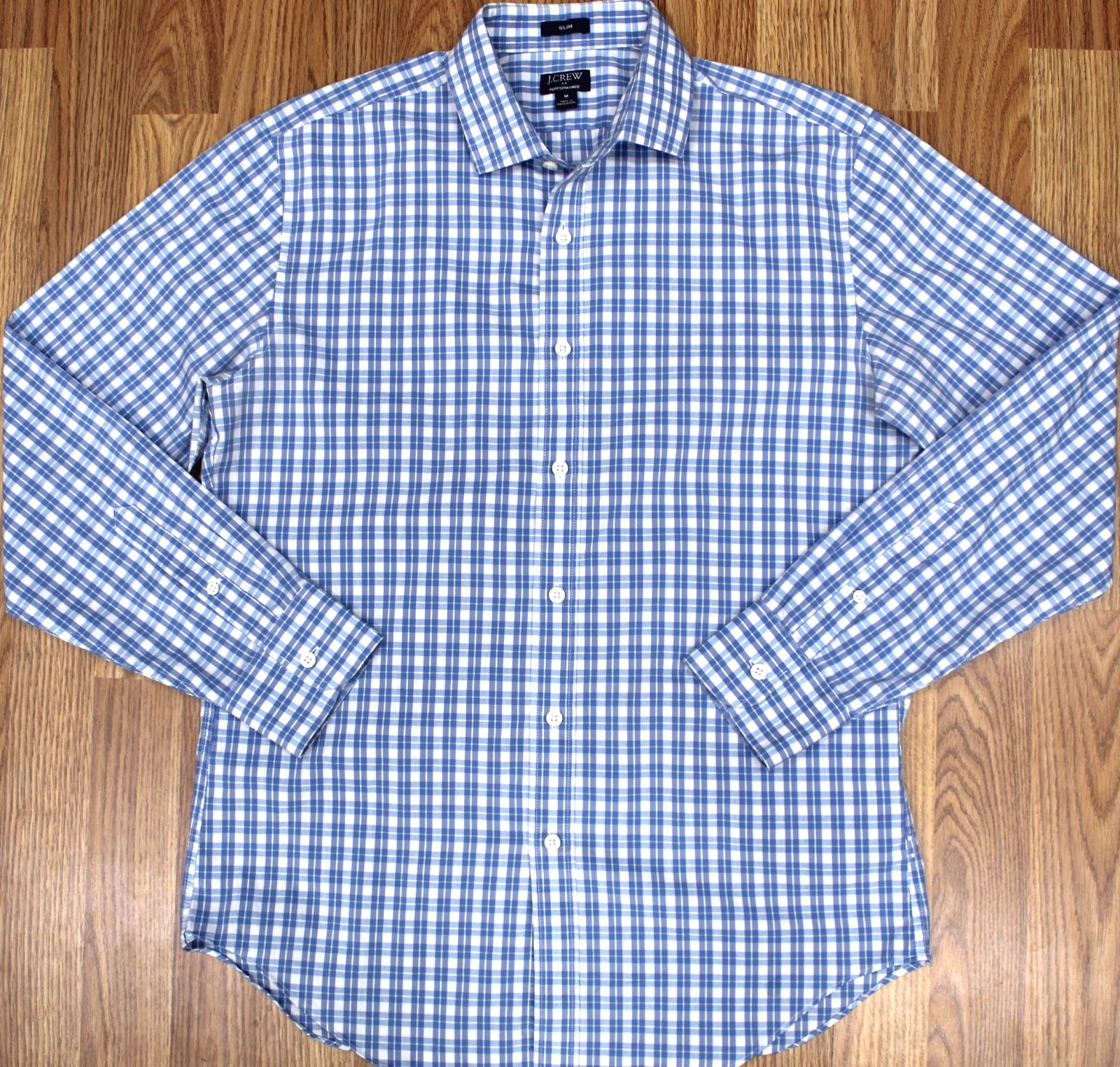 J.CREW SLIM FIT COTTON/POLY SHIRT BLUE & WHITE PLAID MEDIUM, M