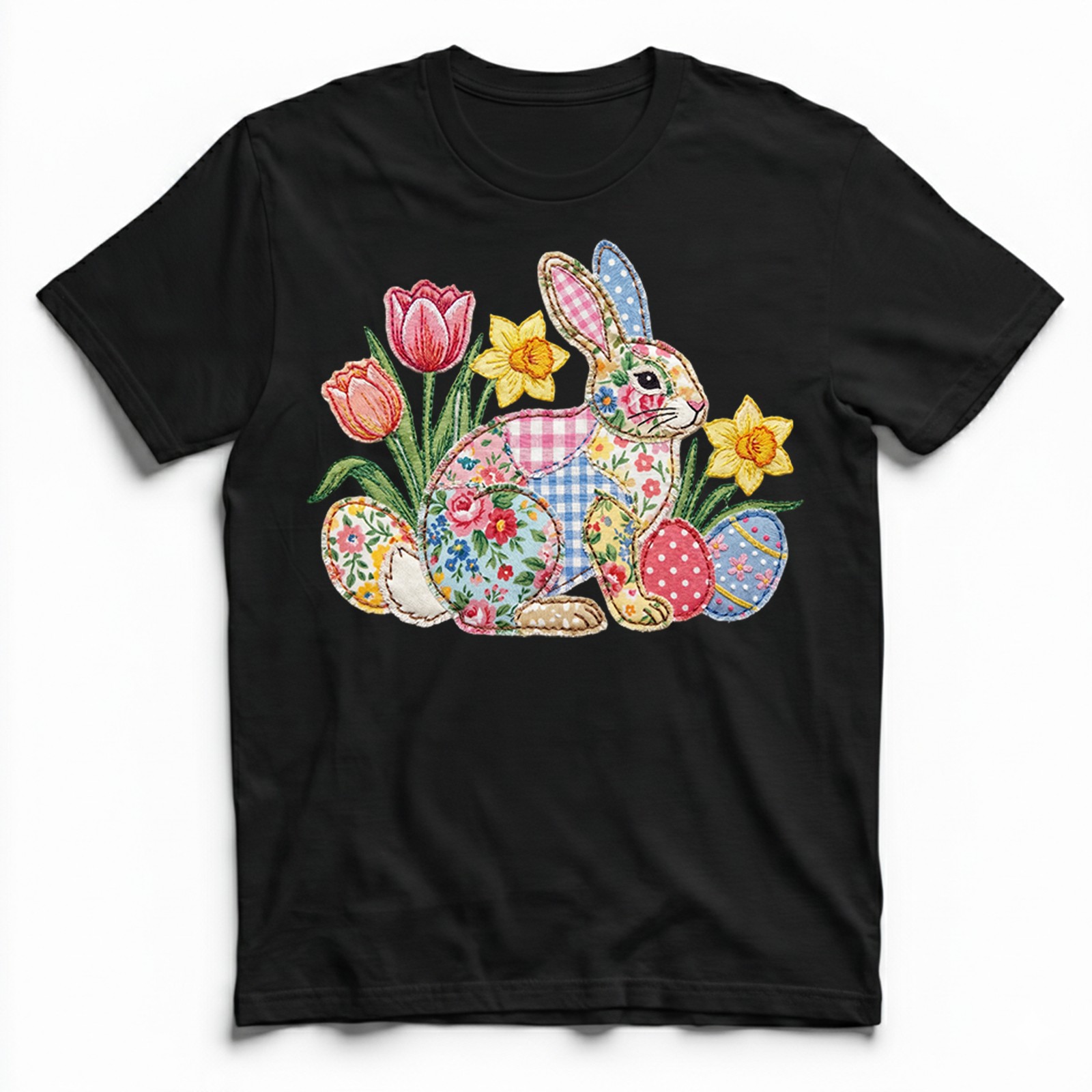 Easter Bunny Patchwork Floral Spring T-Shirt Holiday Cute Pastel Egg Lover Tee