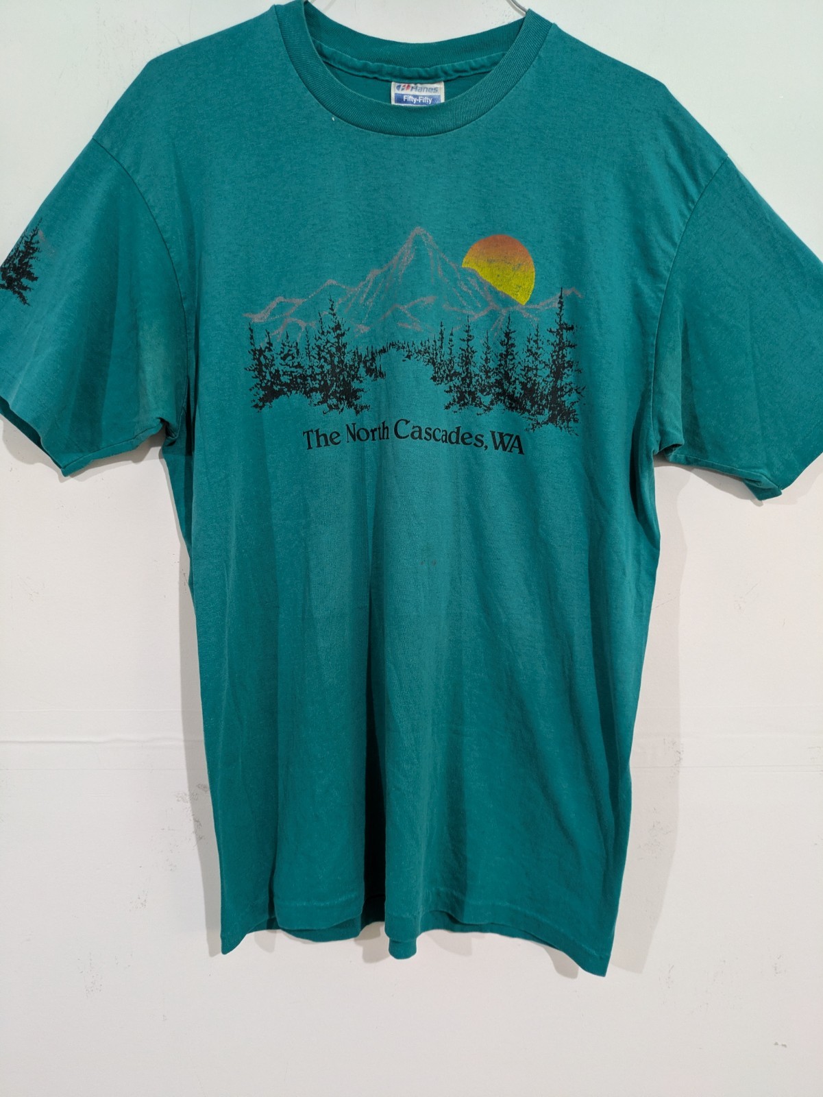 3166 Hanes Fifty-Fifty Men’s L Teal North Cascades, WA Graphic Crew Neck T-Shirt
