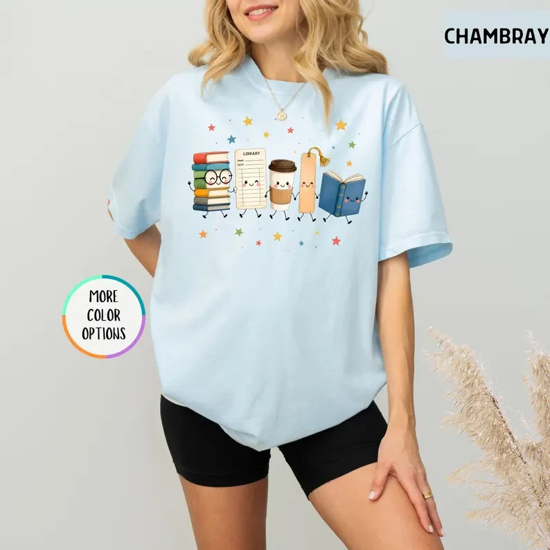 Book Lover T-Shirt Cute Reading Books Coffee Graphic Tee Librarian Teacher Gift