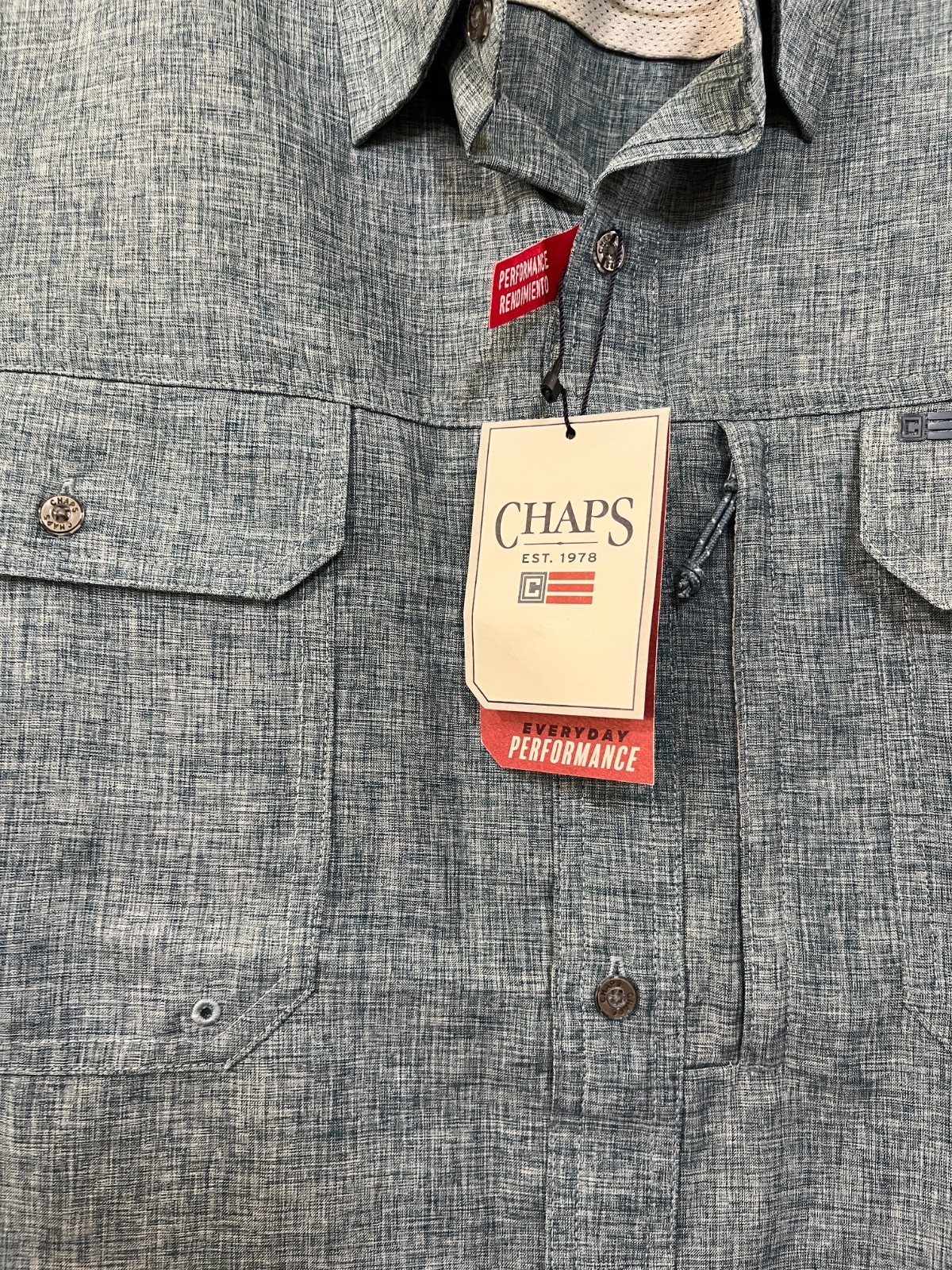 CHAPS Everyday Performance Mens Size L Short Sleeve Button Up Denim Blue New