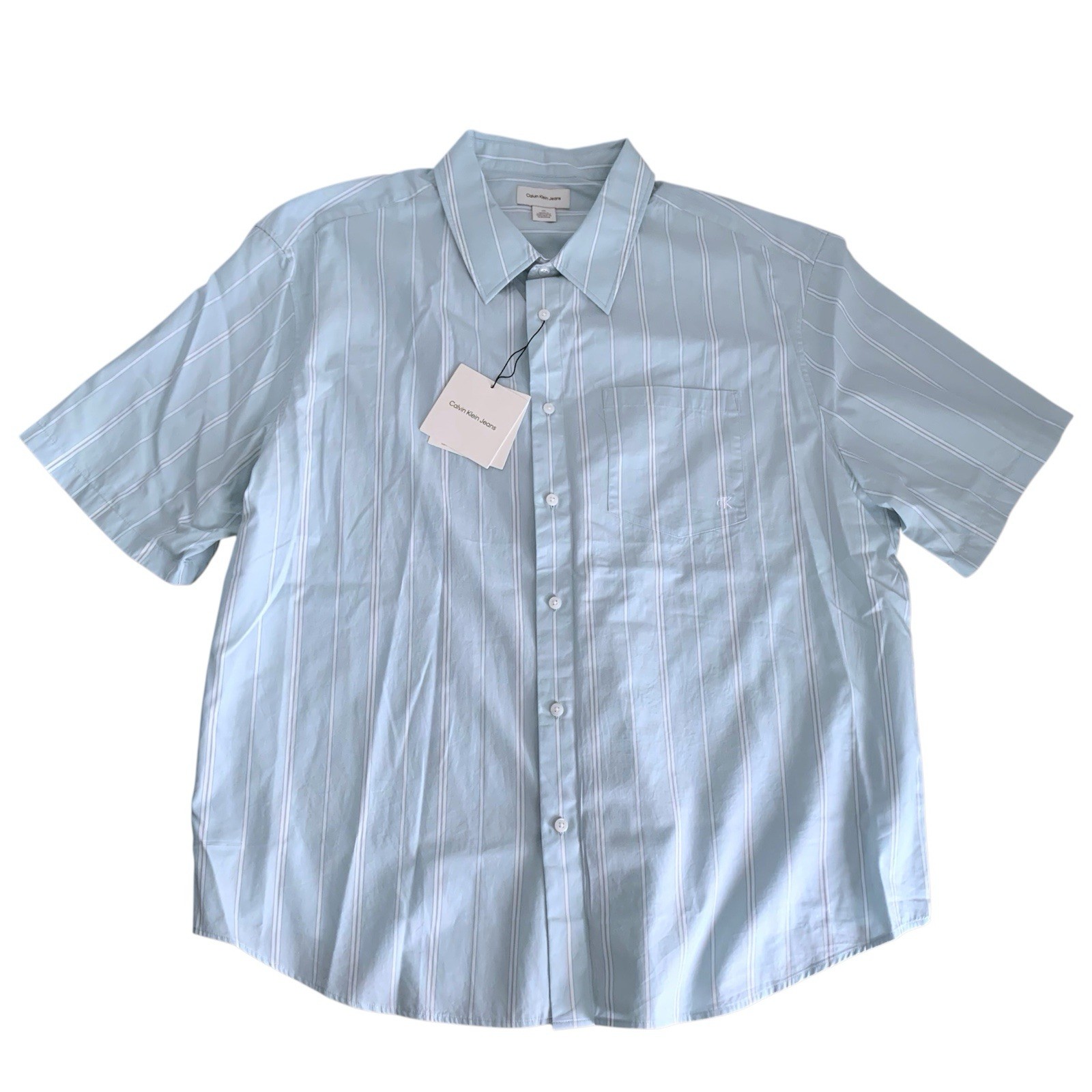 Calvin Klein Men’s XL Shirt Relaxed Fit Short Sleeve Striped Button-Front Blue