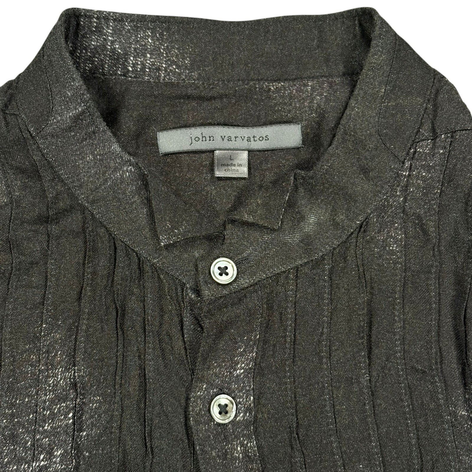 John Varvatos Pleated Crinkle Shirt Mens L Black Band Collar French Cuffs