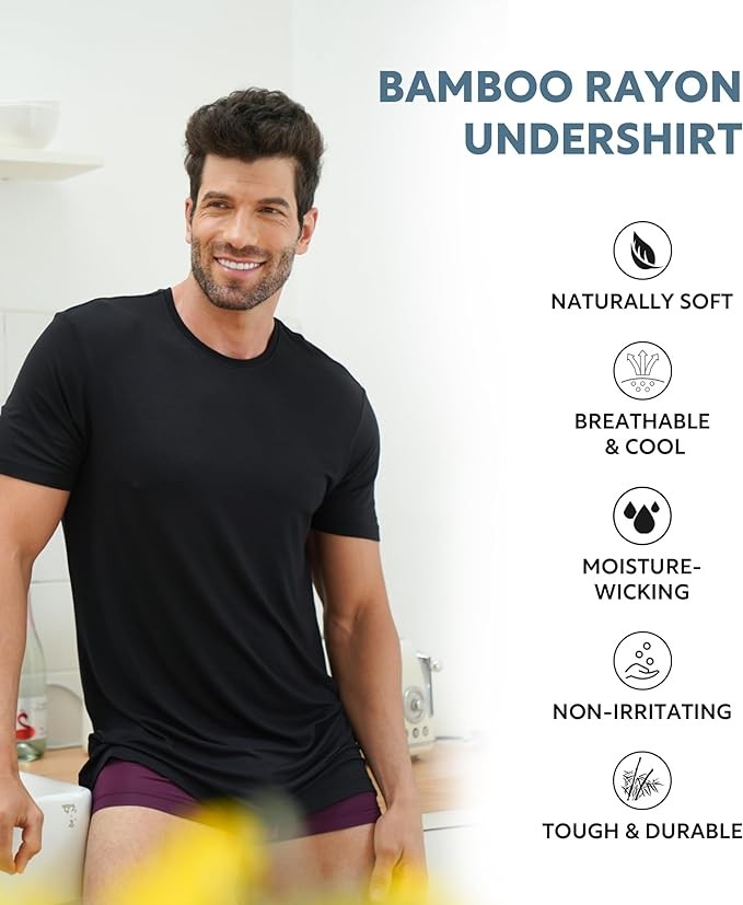 Men’s Bamboo Rayon Crewneck Tees, Moisture-Wicking, Undershirts – 5 Pack