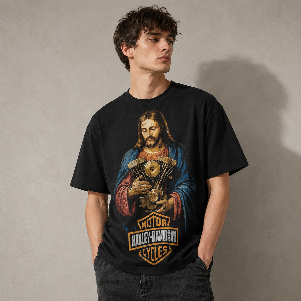 Vintage Jesus Motorcycle Engine Graphic Garment Dyed T-Shirt Distressed Biker Te