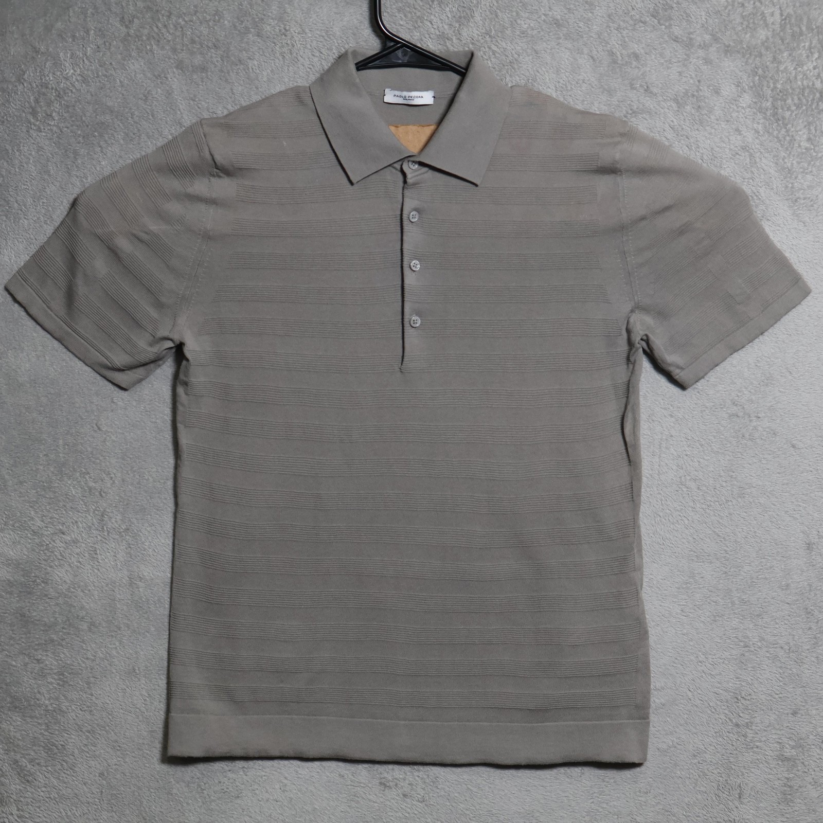 Paolo Pecora Polo Shirt Mens Small Gray Brown Ribbed Knit Cotton Casual Preppy