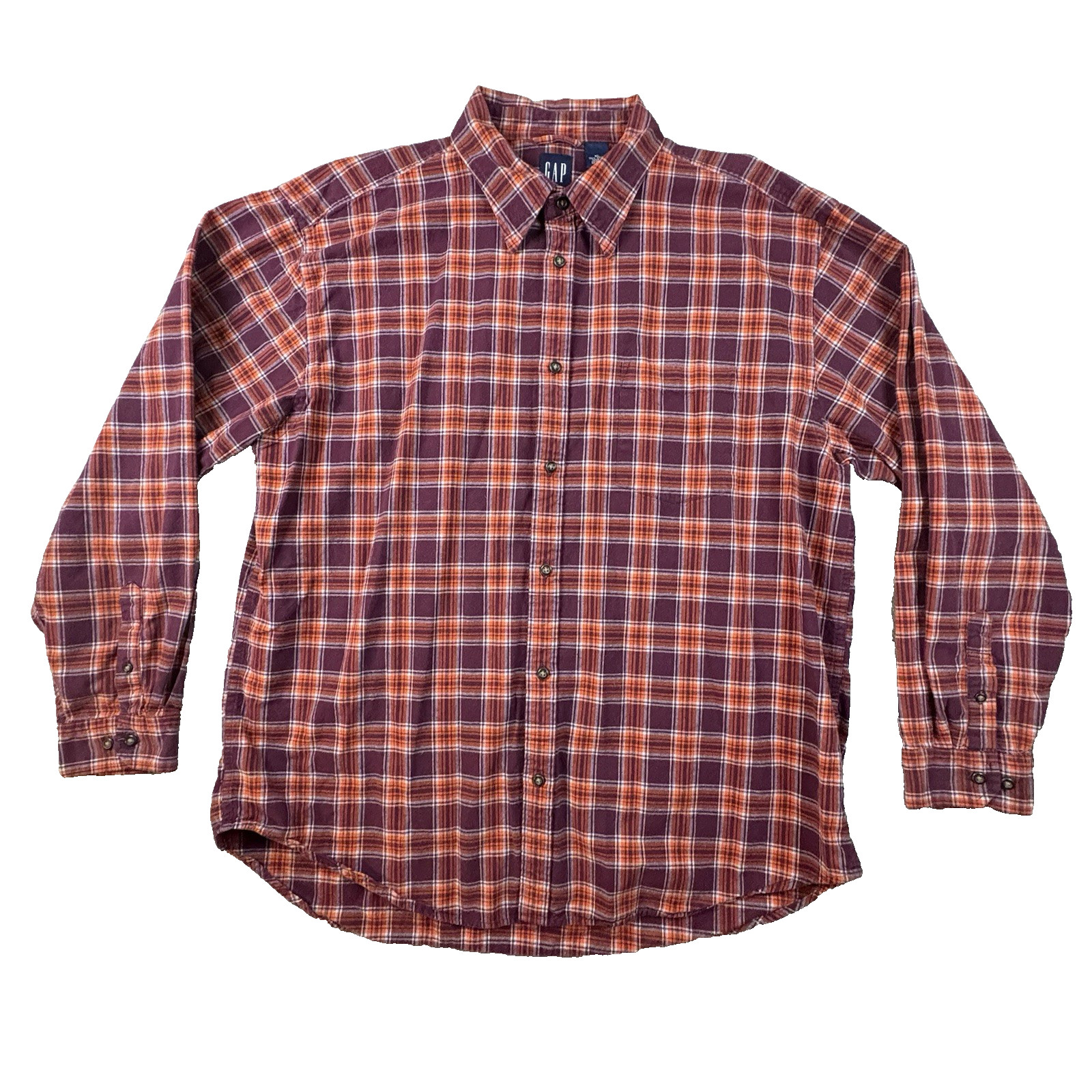 Gap Men’s XL Burgundy Orange Plaid Flannel LS Button Up Shirt SEE DESCRIPTION