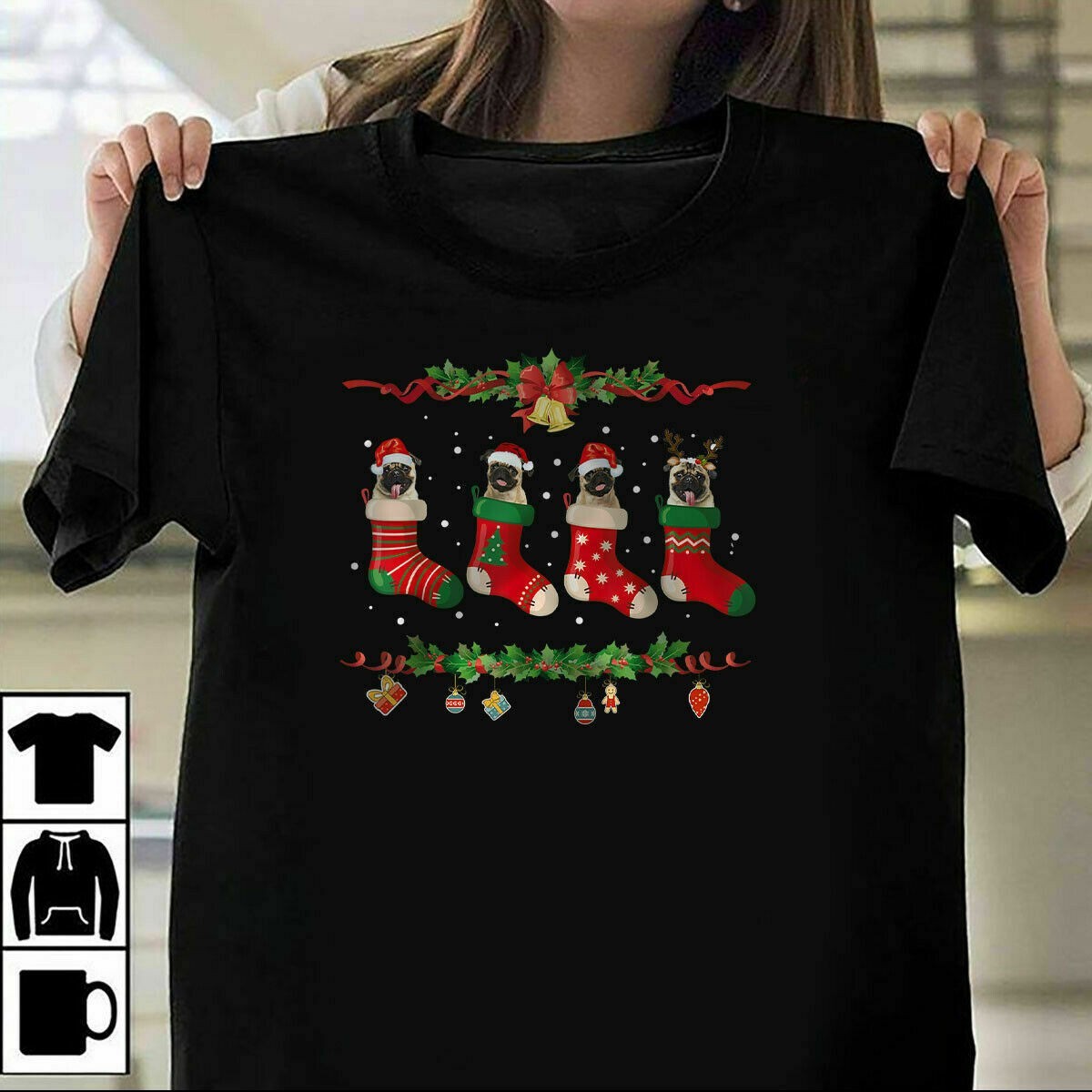 Pug Christmas Shirt Stocking Dog Xmas Gift Christmas Black S-234XL T-shirt