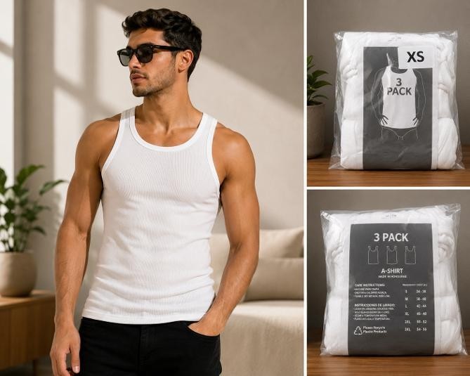 Mens 3 Pack A-Shirt White Tank Top- Sizes-XS