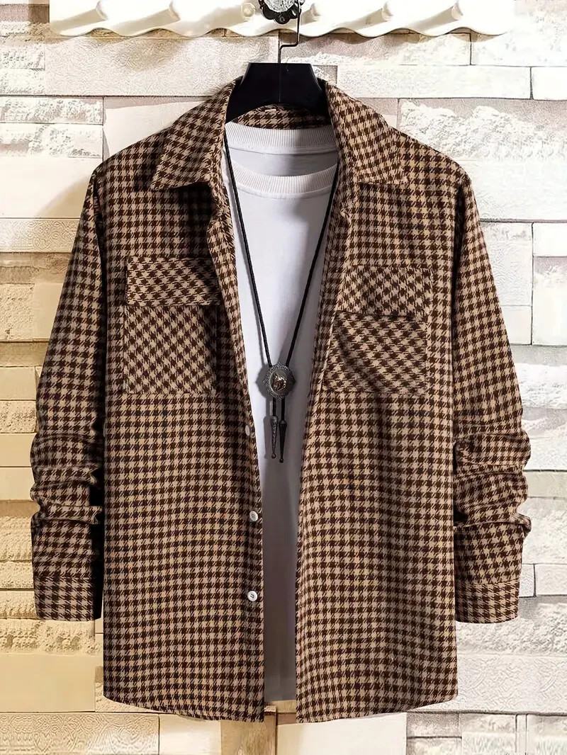Stylish Retro Plaid Men’s Shirt with Turn-Down Collar and Long Sleeves – Perfect