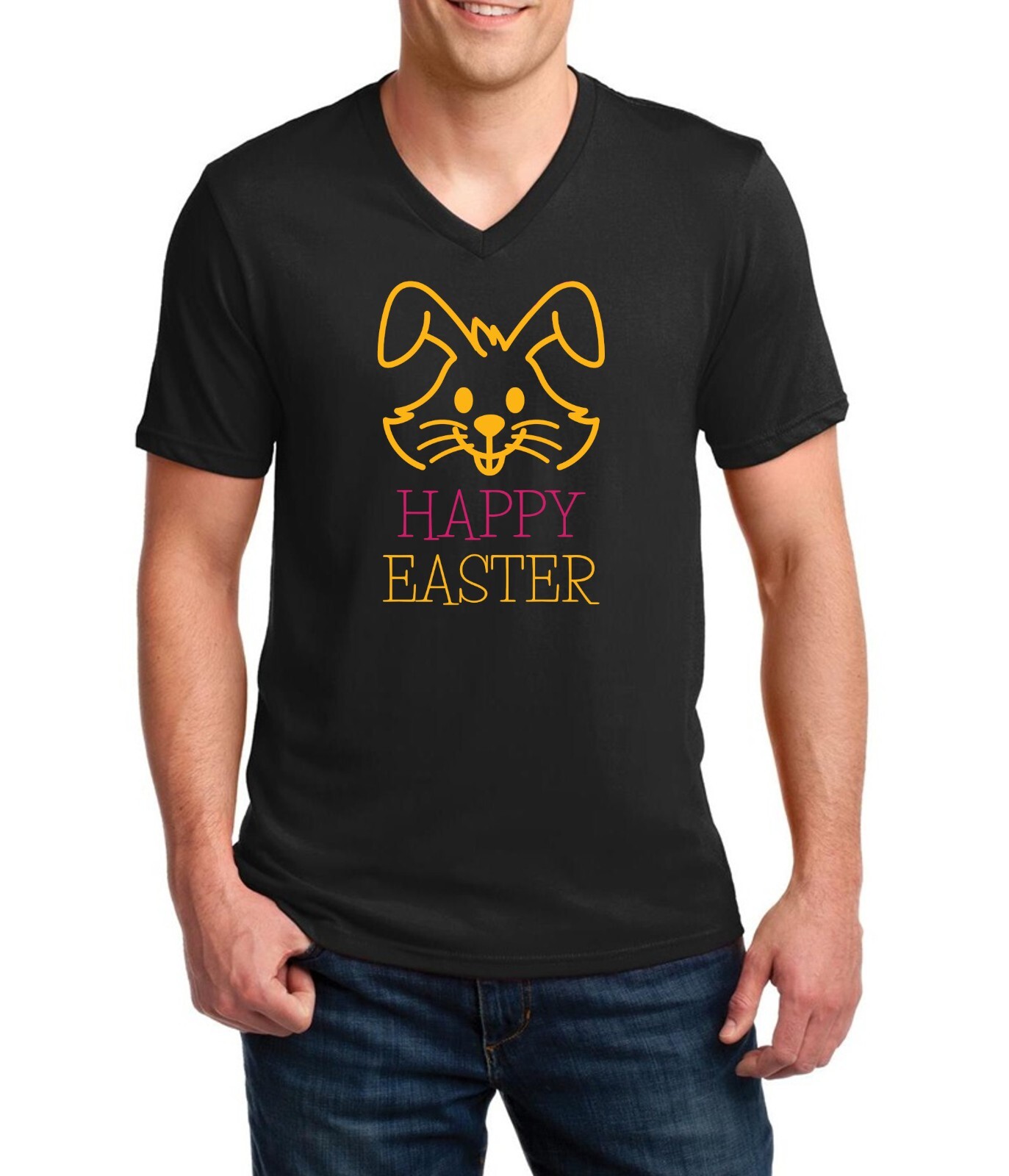 Mens V-neck Happy Easter Shirt Bunny T-Shirt Spring Tee Funny Holiday Gift
