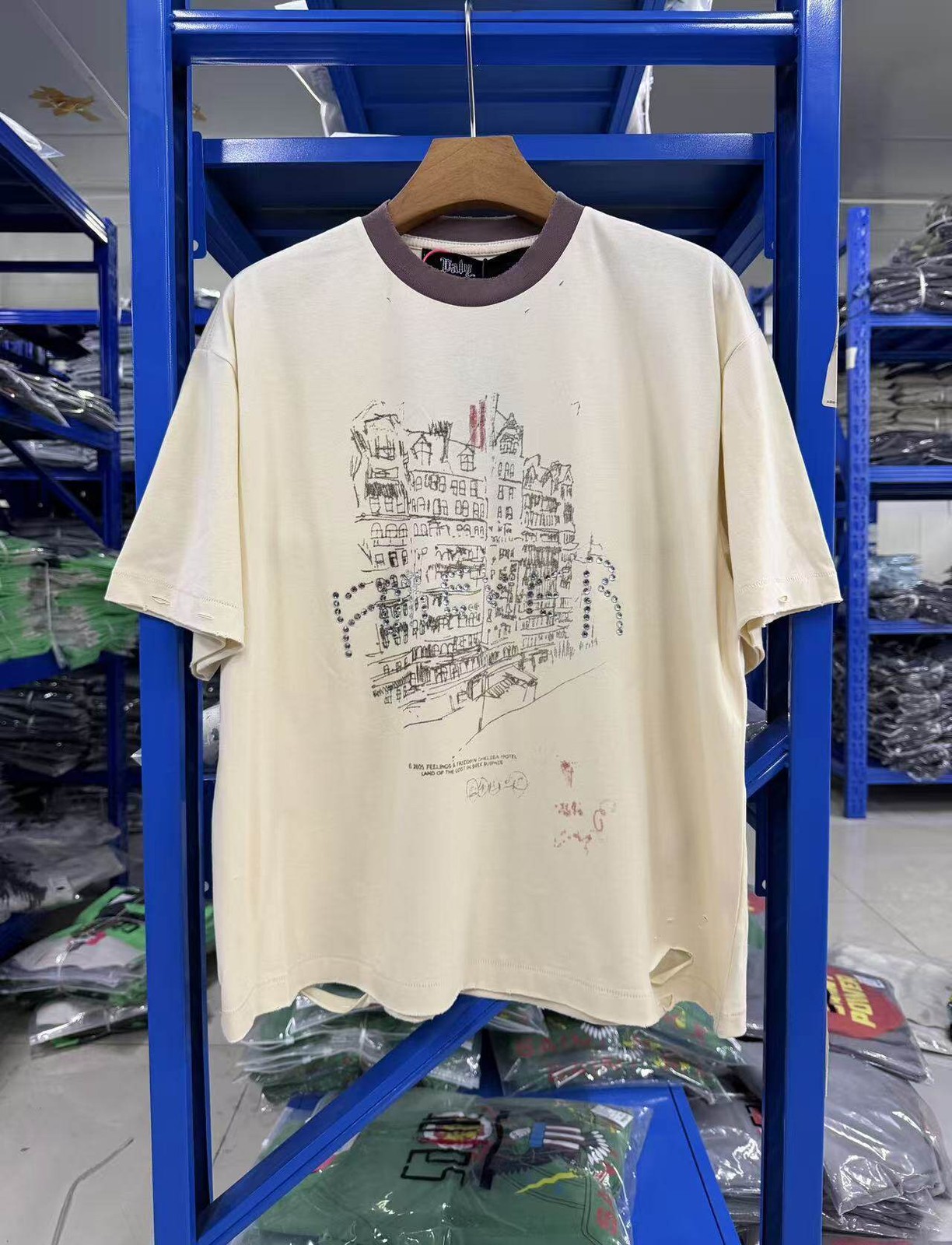 High Street Rhinestone Print Washed Distressed Loose Cotton Short Sleeve T-Shirt