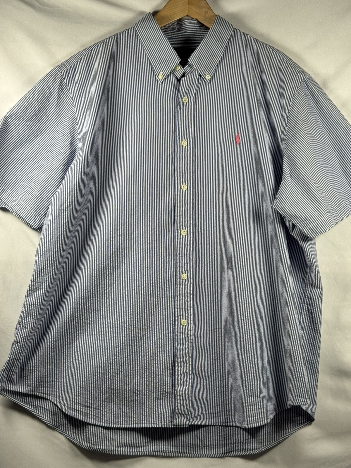 RALPH LAUREN Men White Blue Seersucker Short Sleeve Shirt Size XXL Machine Wash