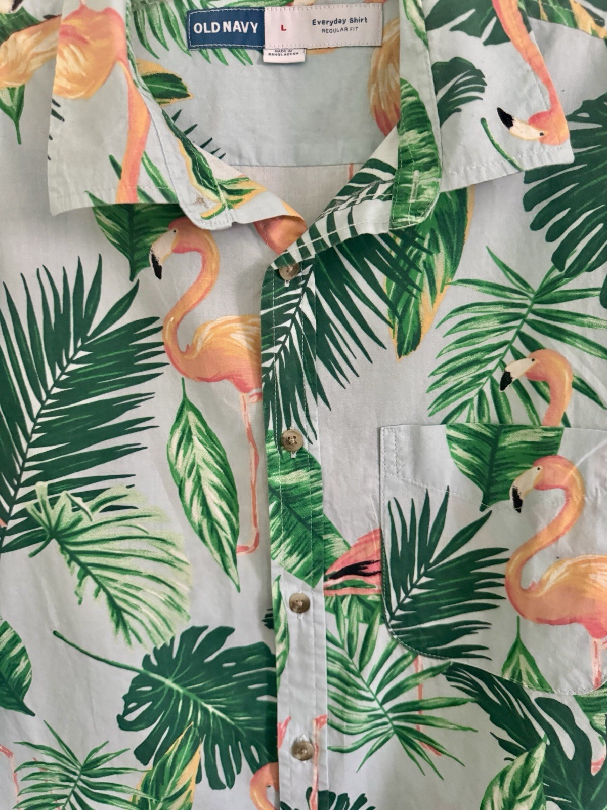 OLD NAVY Everyday Hawaiian Shirt Flamingo Tropical Print 100% Cotton (L) NWOT