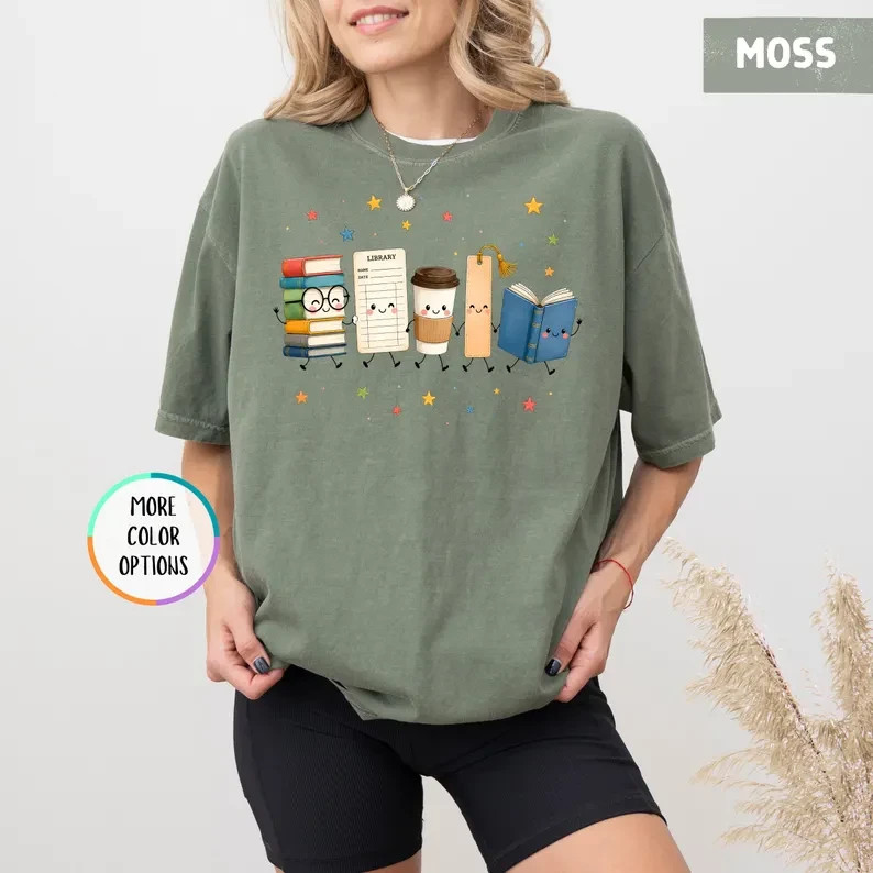 Book Lover T-Shirt Cute Reading Books Coffee Graphic Tee Librarian Teacher Gift