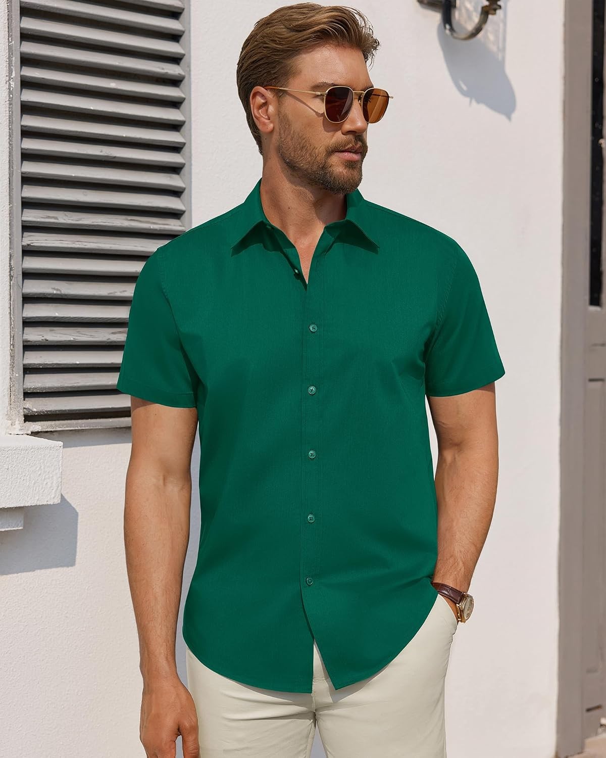 Men Short Sleeve Dress Shirt Stain Resistant Stretch Business Casual Button Down