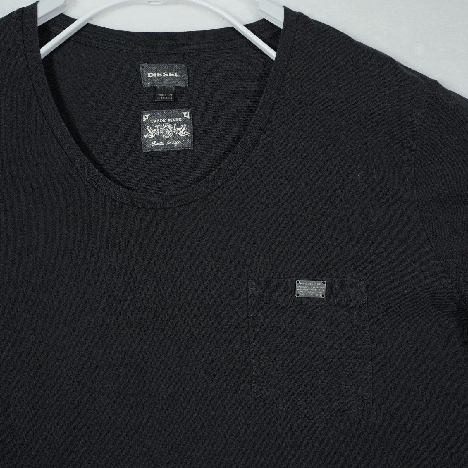Diesel Mens Black Scoop Neck Pocket T-Shirt Metal Logo Plaque XL Cotton Bulgaria