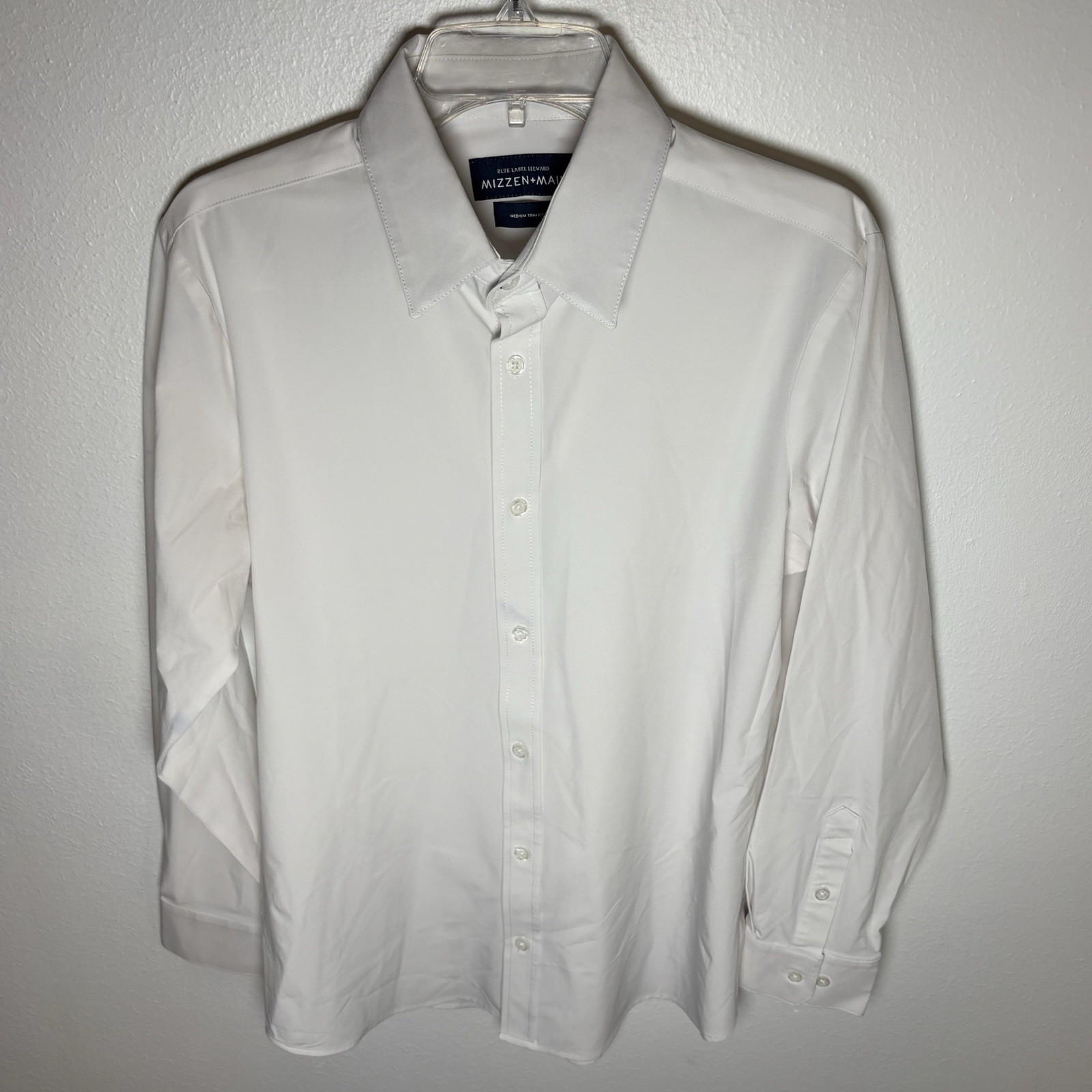 Mizzen + Main Blue Label Leeward Solid White Dress Shirt Stretch Mens M Slim Fit