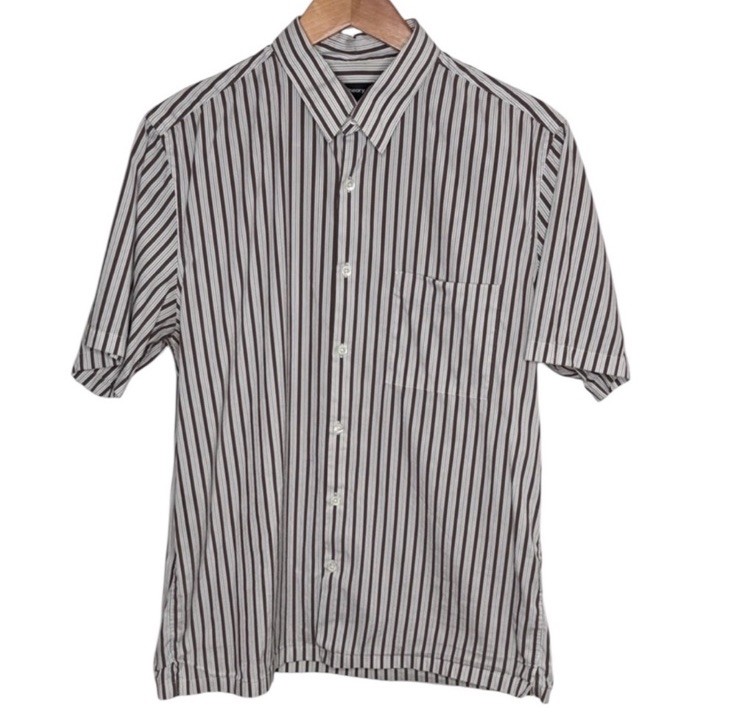 Theory Brown Striped Short Sleeve Button Down Shirt Men Size L BLEMISH