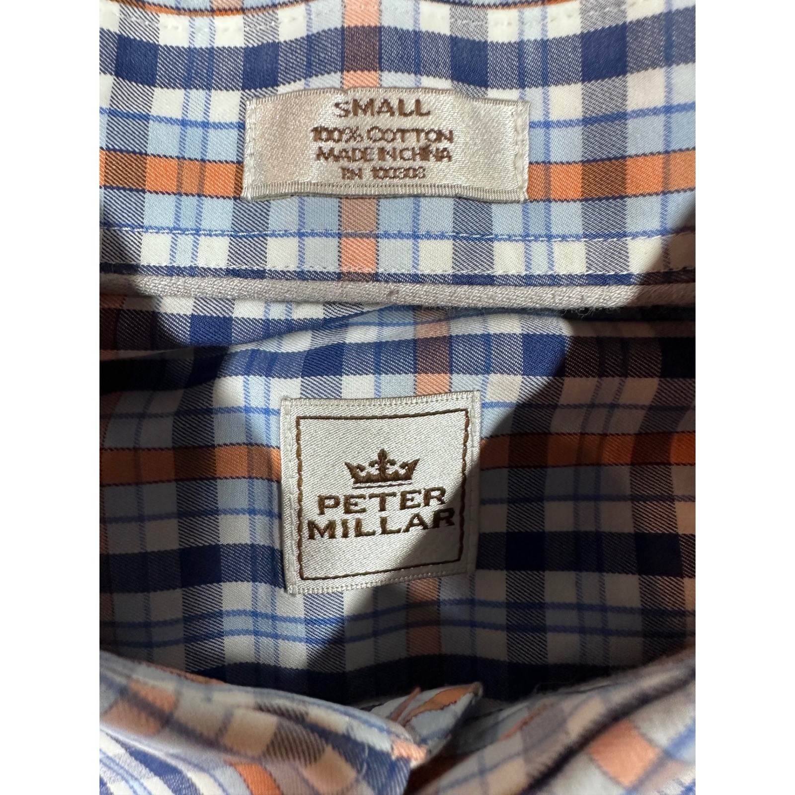 Peter Millar Mens Plaid Button Down Shirt Small Navy Orange Cotton MF15W100CBL