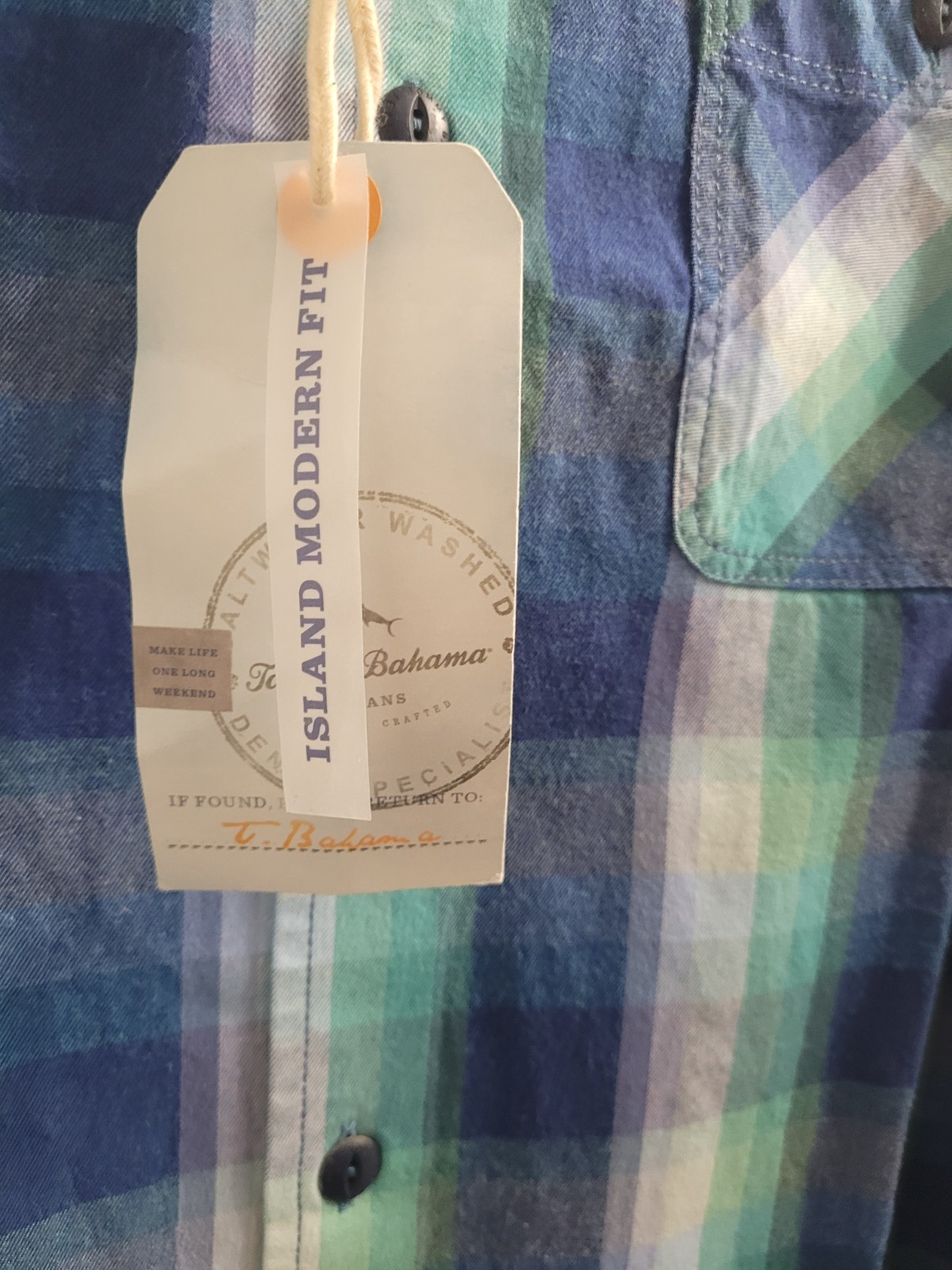 NWT Tommy Bahama Jeans Island Crafted Plaid Shirt XL Blue Green Modern Fit