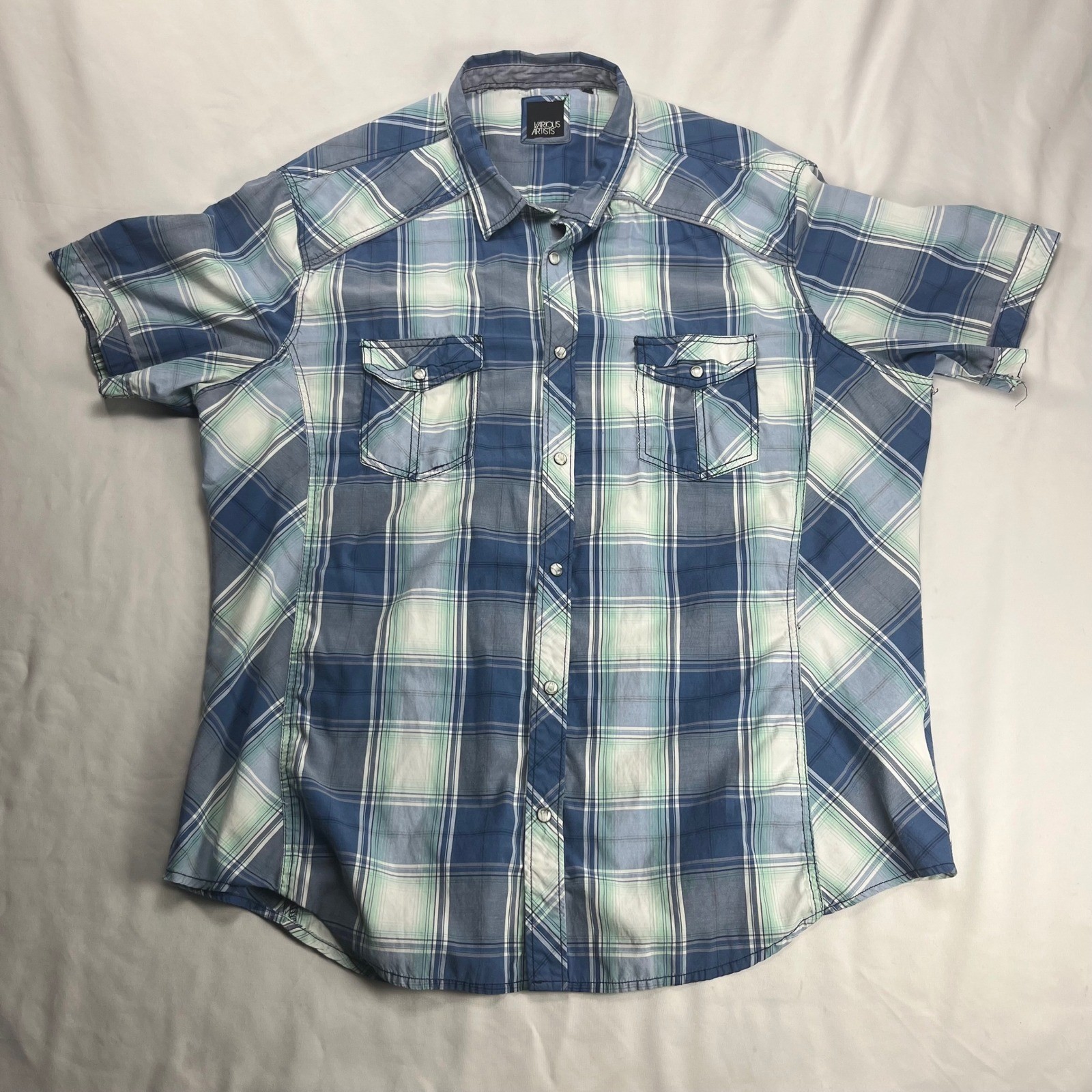 Various Artists Western Snap Shirt XXL Blue Plaid Short Sleeve Pearl Snap