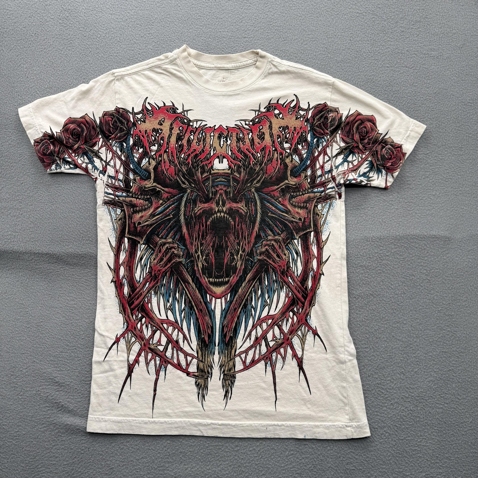 Affliction Shirt Mens Small White Skull Rose Pale Sky Graphic Tee Tagless