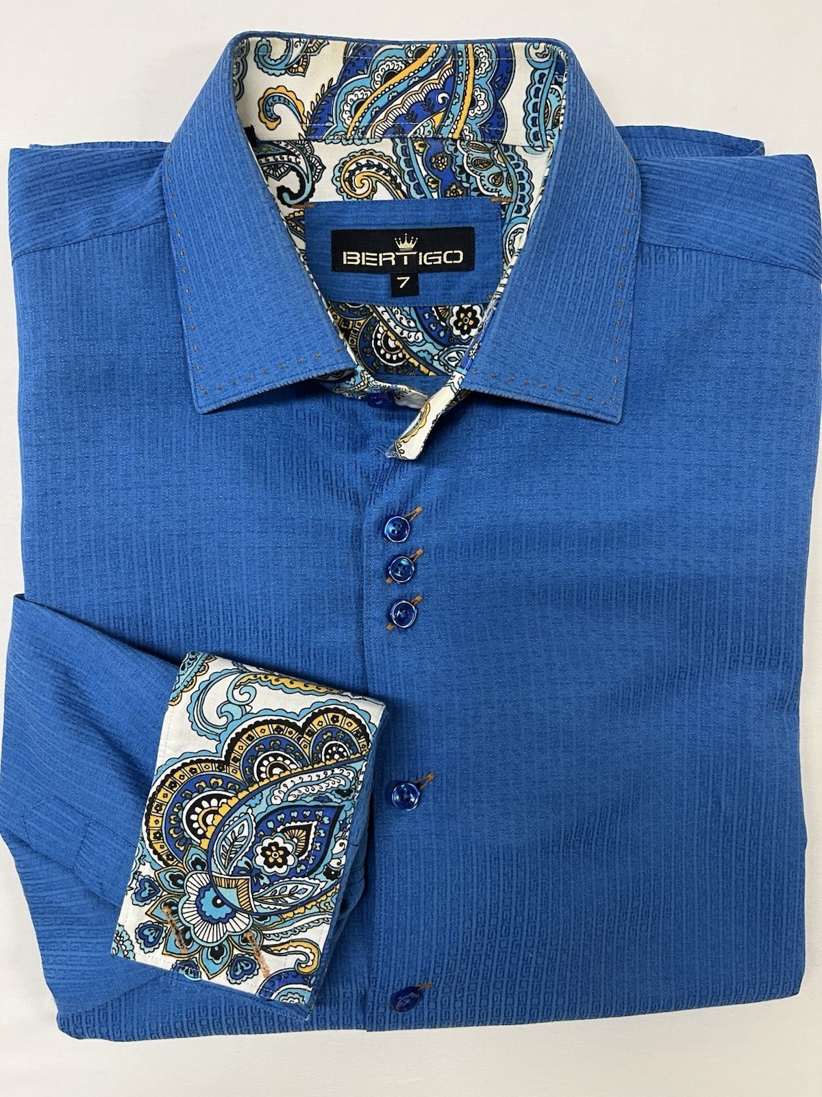 Bertigo Mens Blue Textured Shirt 18.5×38 Paisley Contrast Collar Cuffs 1710