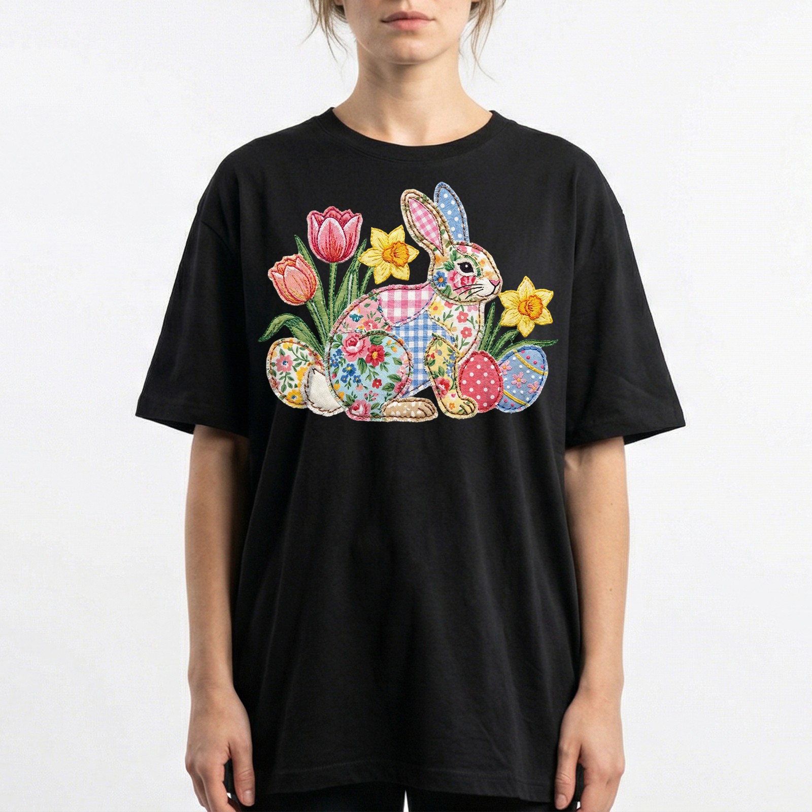 Easter Bunny Patchwork Floral Spring T-Shirt Holiday Cute Pastel Egg Lover Tee