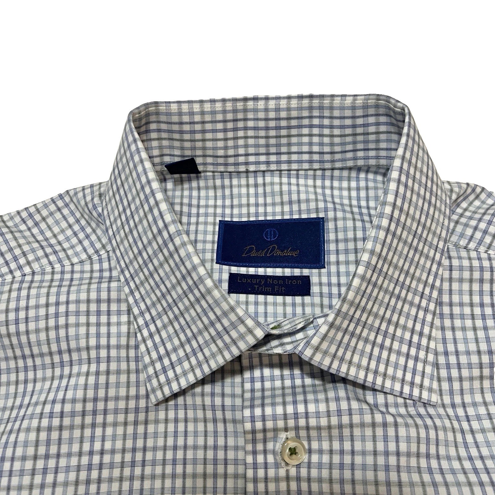 David Donahue Luxury Dress Shirt Mens 16.5 32/33 Blue Gray Micro Check Trim Fit