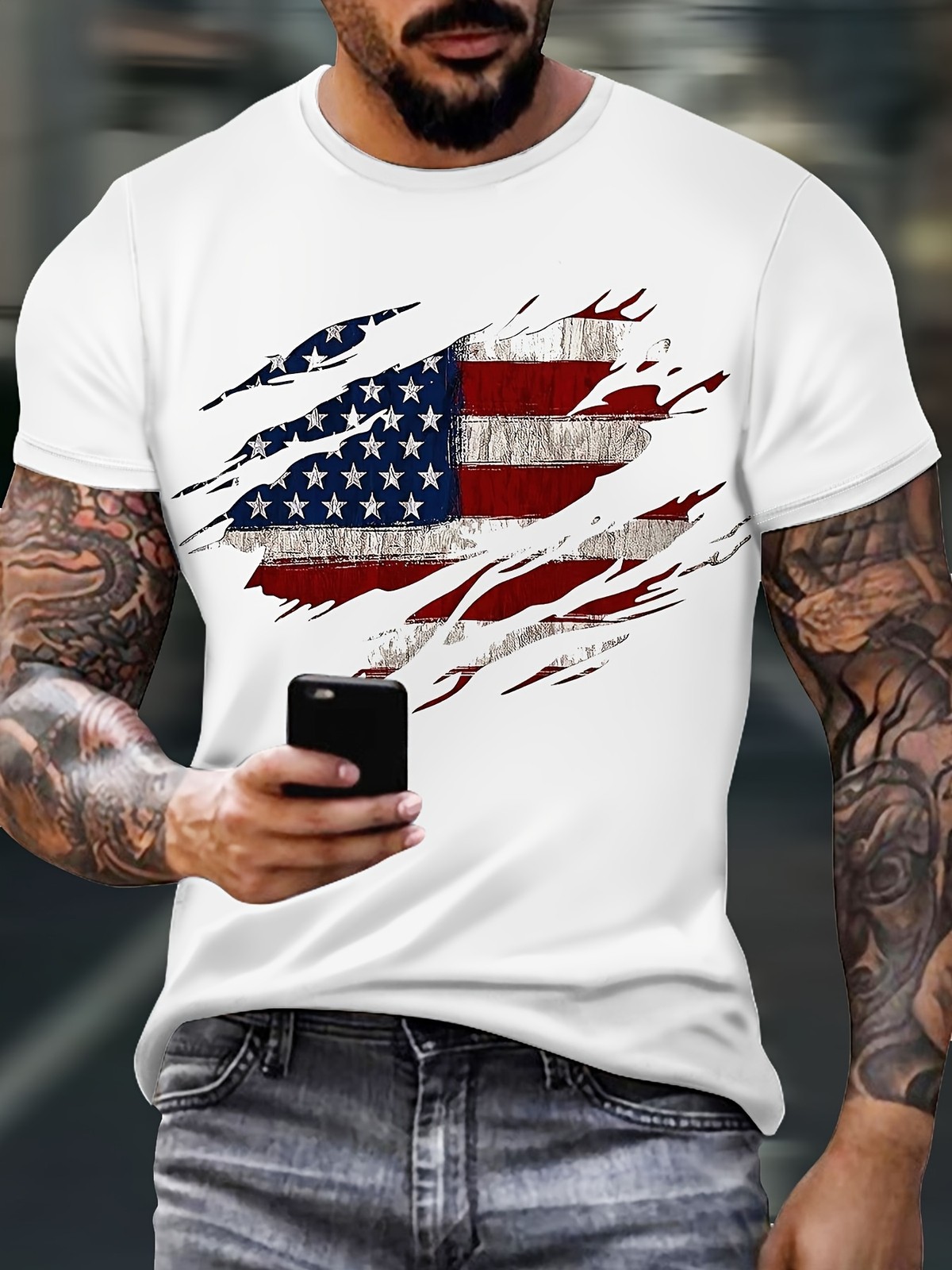 3D Digital Print T-Shirt with The American Flag, Round Neck, Breathable