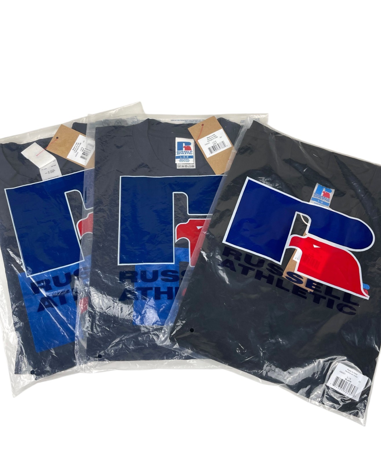 Lot-3 Russell Athletic T-Shirt Mens Logo 100% Cotton Short Sleeve Navy Black NWT