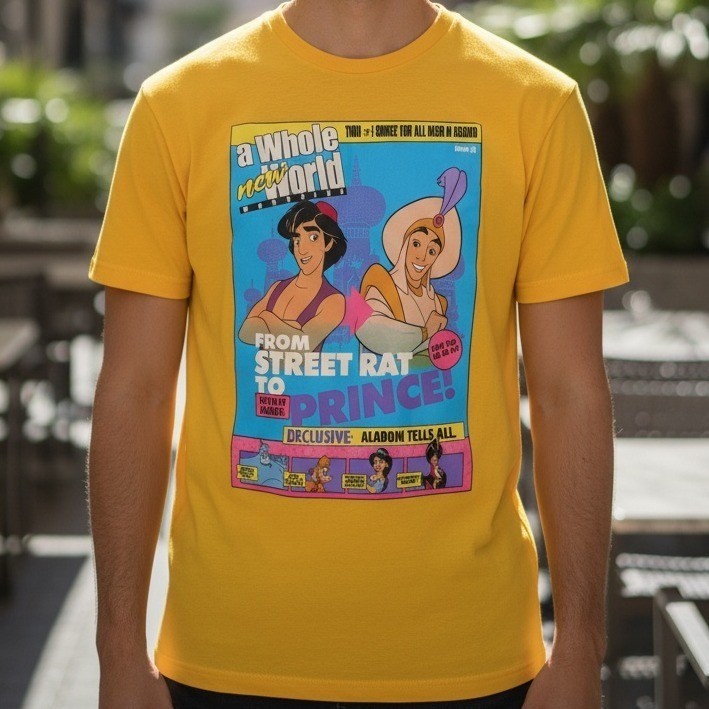 Disney Prince Aladdin Whole New World Magazine Graphic T-Shirt Yellow Mens