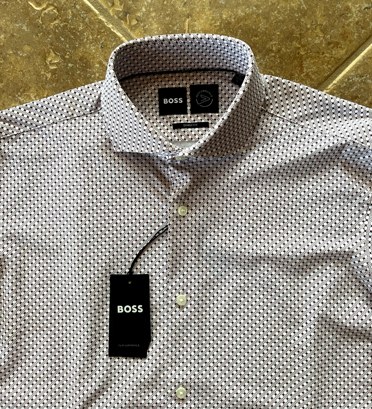 Hugo Boss Max Sharp Fit Performance Dress Shirt 16.5 32/33 Brown Geo $149 NWT