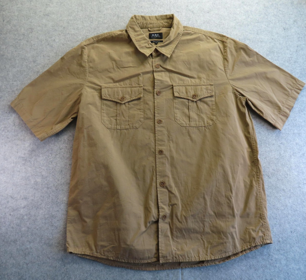 A.P.C. Shirt Mens 2XL Beige Safari Canvas Utility Cotton Short Sleeve Button Up