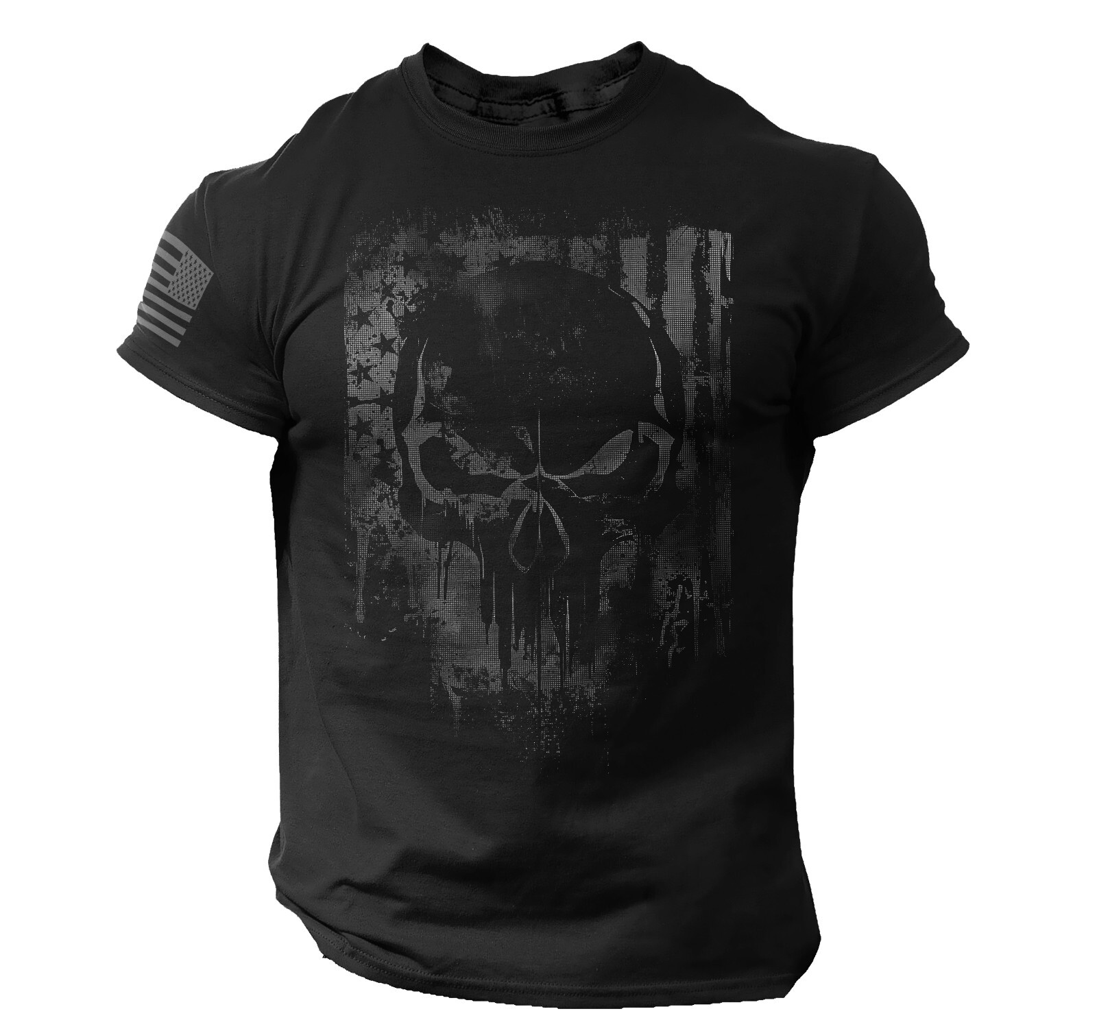 Men’s Black Tactical Skull T-Shirt – Distressed American Flag Design, Patriotic