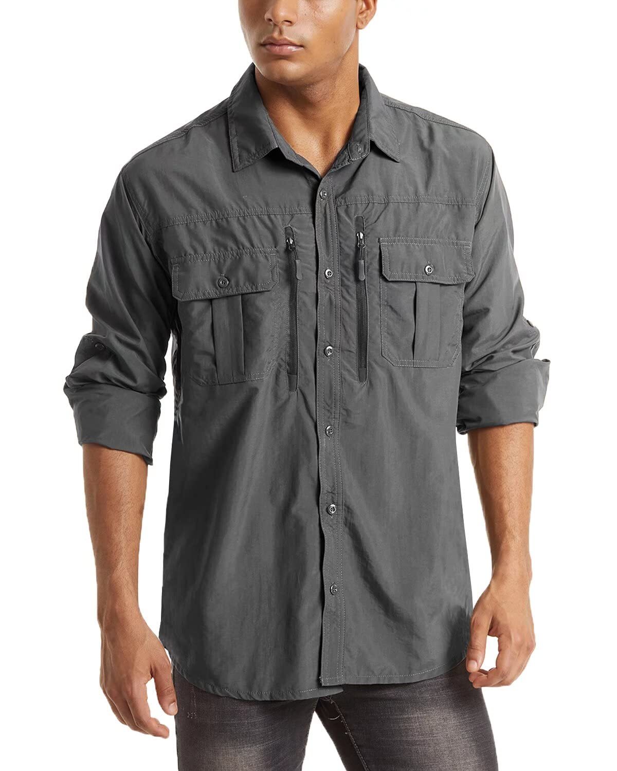 Mens Tactical Hiking Shirt Cargo Work Long Sleeve Shirts Quick Dry Performance T