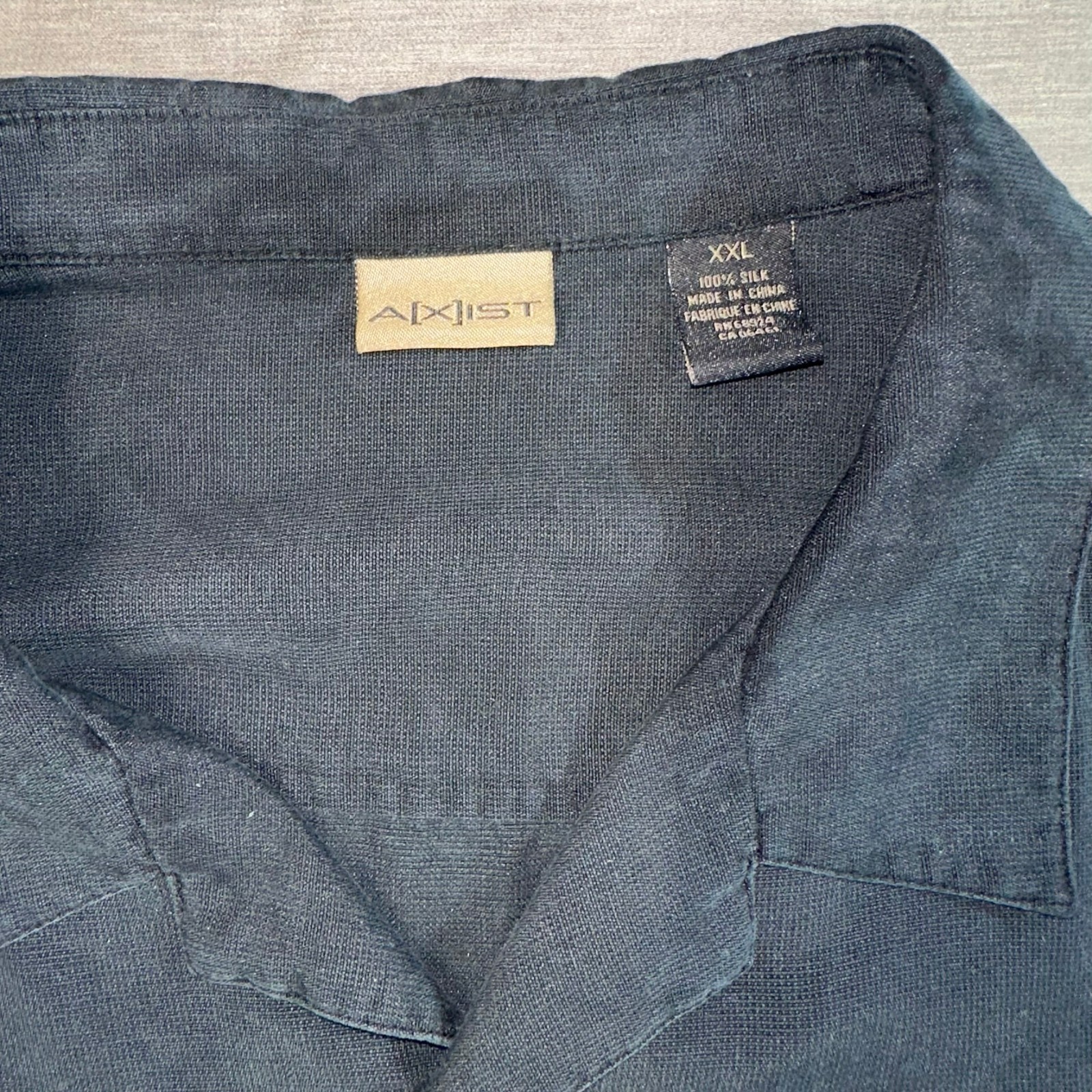 Axist 100% Silk Solid Black Button Up Short Sleeve Men’s 2XL Shirt Machine Wash