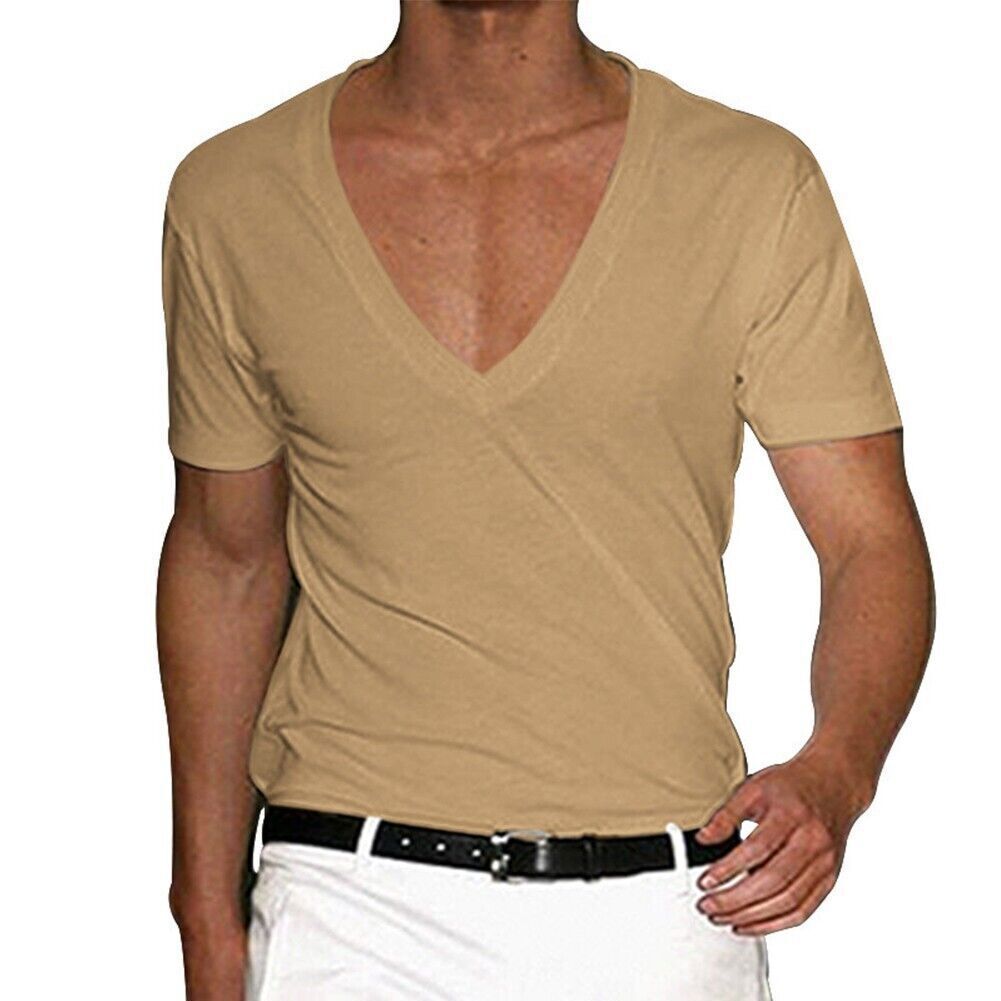 Hot Men’s Deep V-Neck Shirts Short Sleeves Low Cut T-Shirt Top Muscle T-Shirt