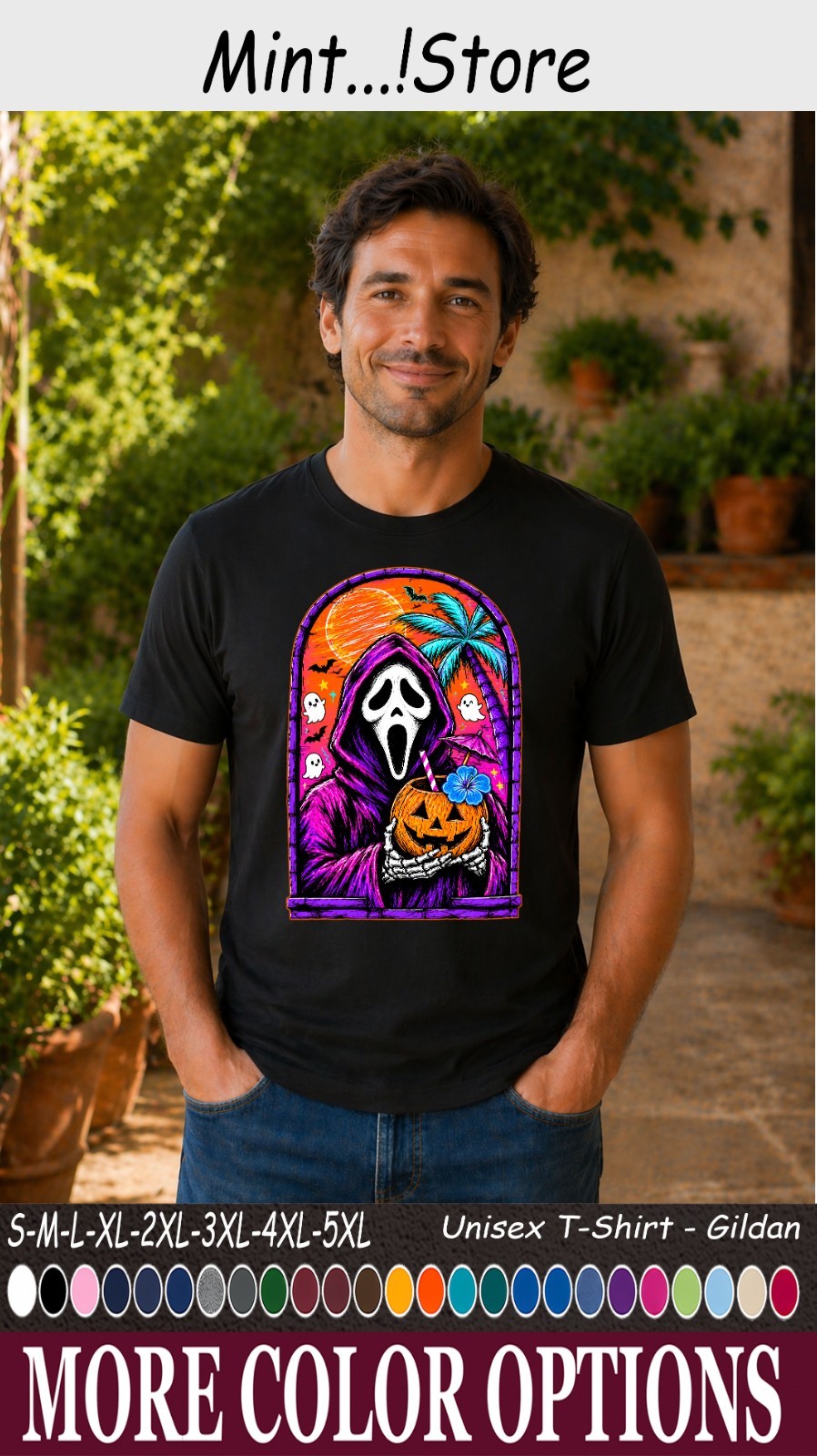 Tropical Masked Horror Halloween Shirt, Pumpkin Cocktail Unisex Tee