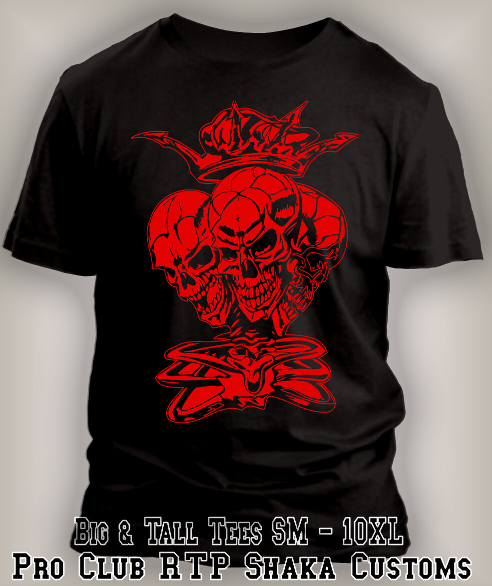 Skulls 3 Headed Skate Hip Hop Horror Big & Tall Tee Shirt Pro Club Shaka RTP